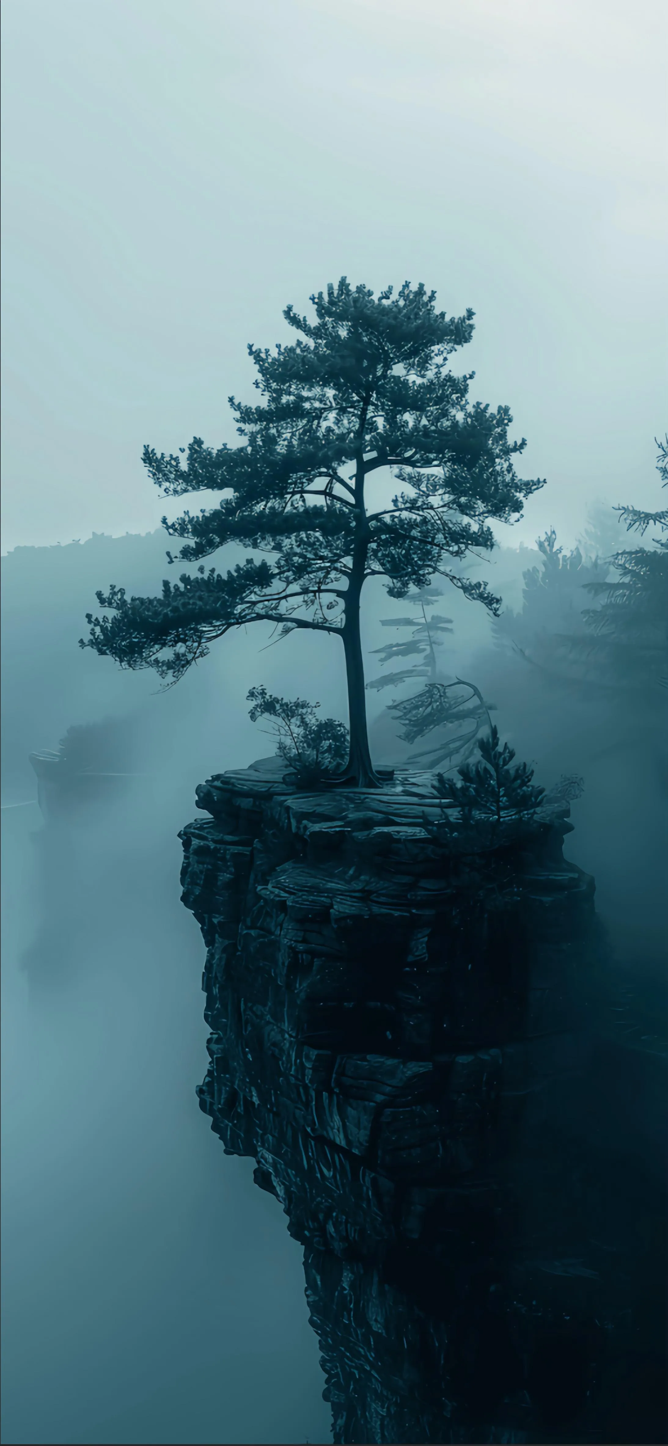 Lone Tree Growing on Isolated Cliff in Mist Wallpaper
