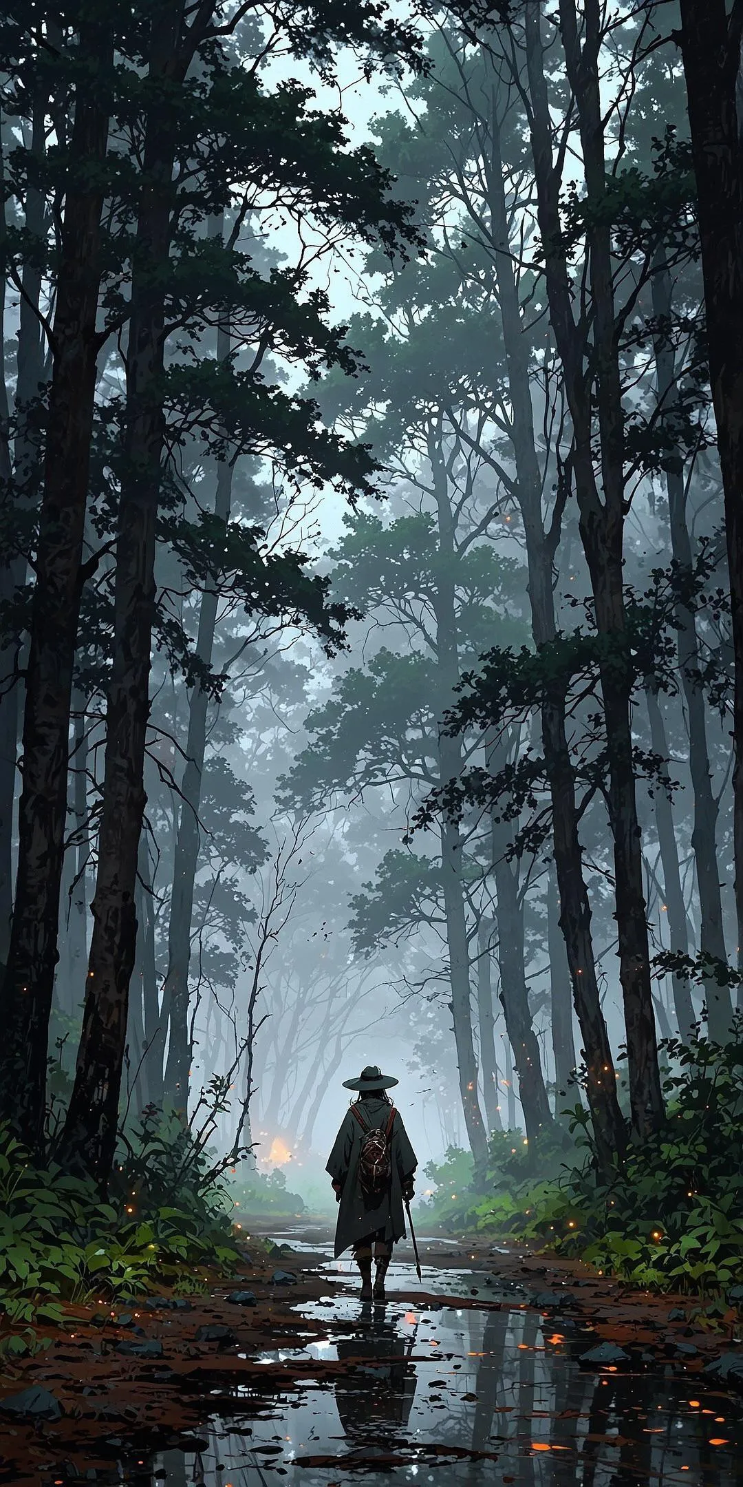 Lonely Man Walking Through a Foggy Pine Tree Forest