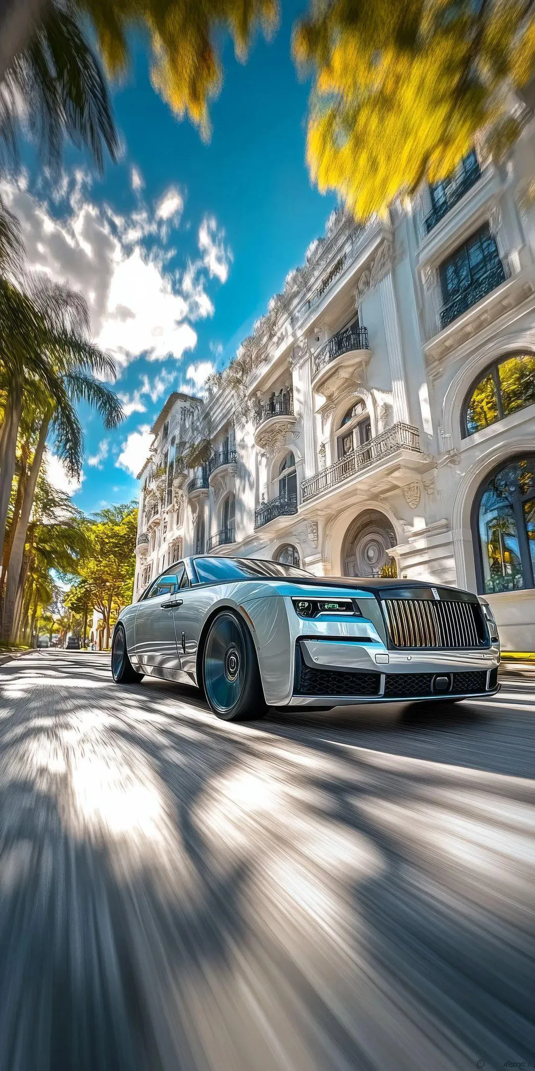 Luxury White Car Parked on European Street Scene Wallpaper