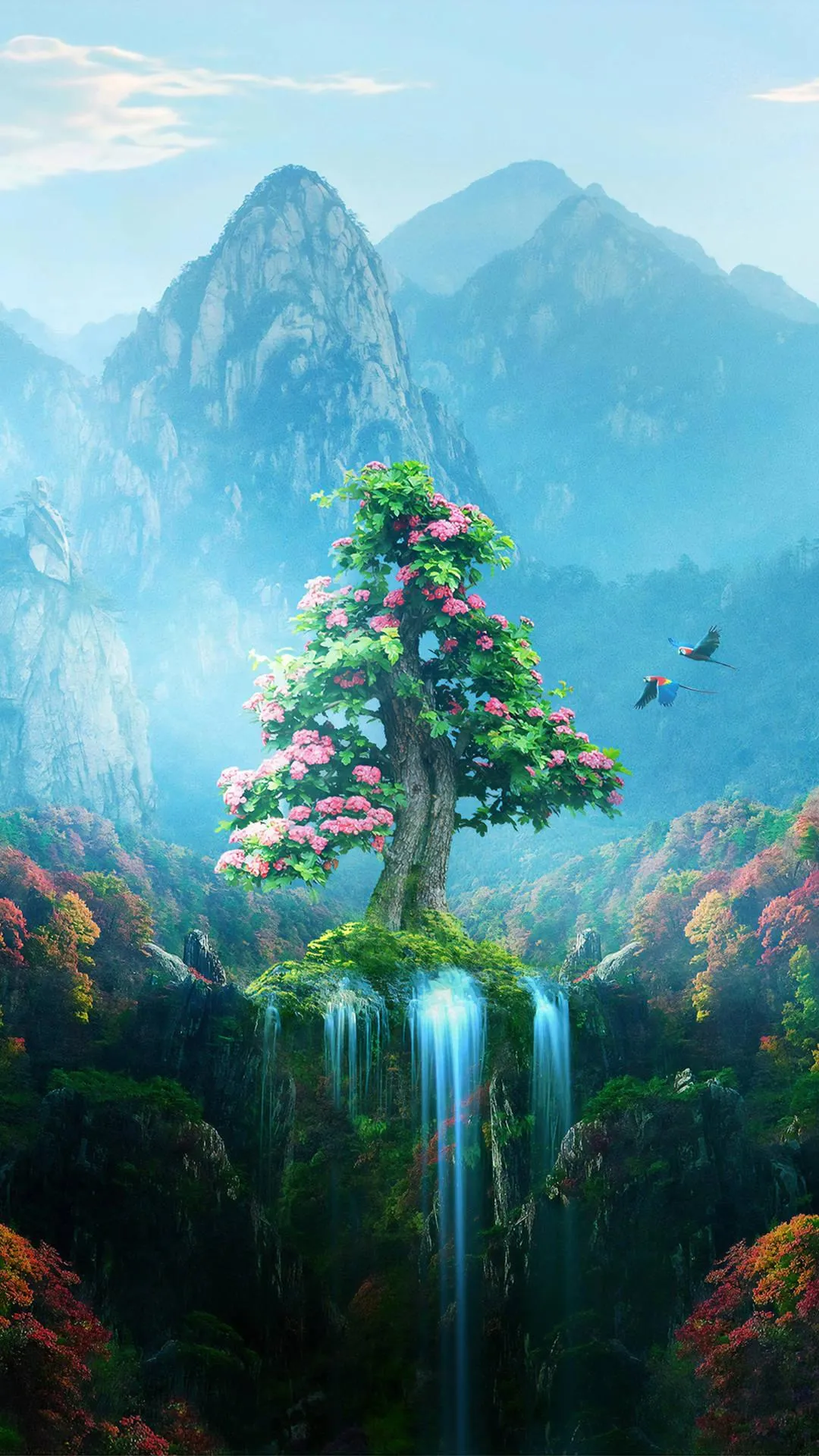 Magical floating island with a waterfall and tall mountains