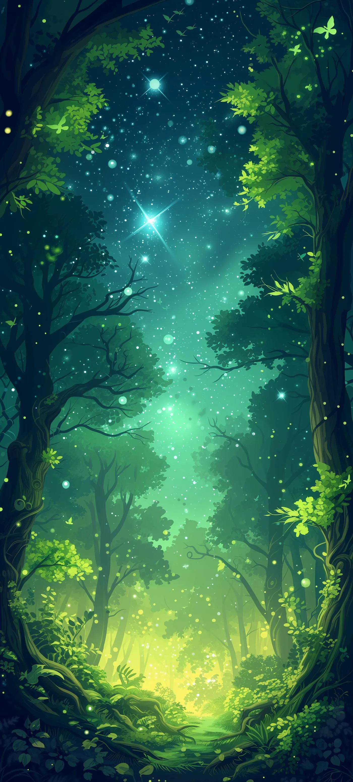 Magical forest glowing with green and yellow lights