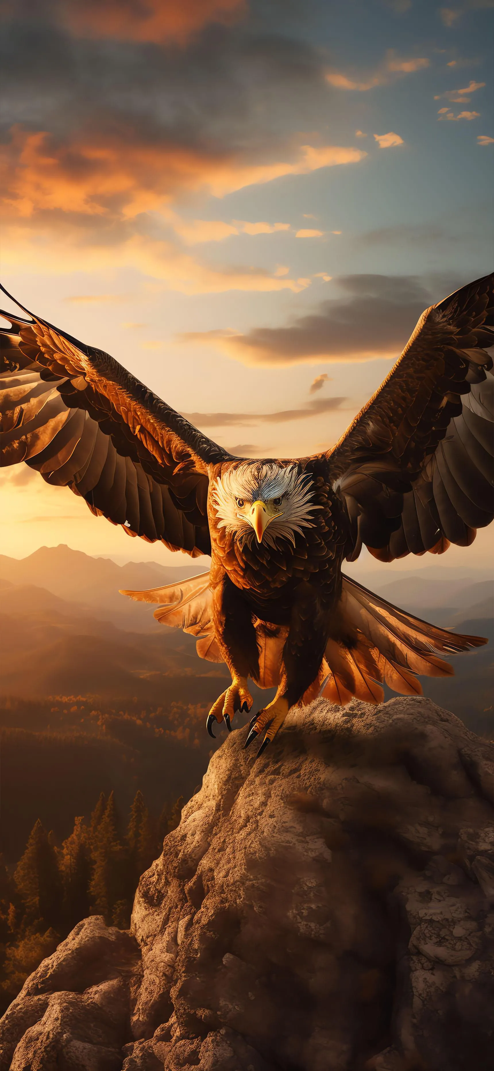 Majestic Eagle in Flight with Mountains and Sun Rays