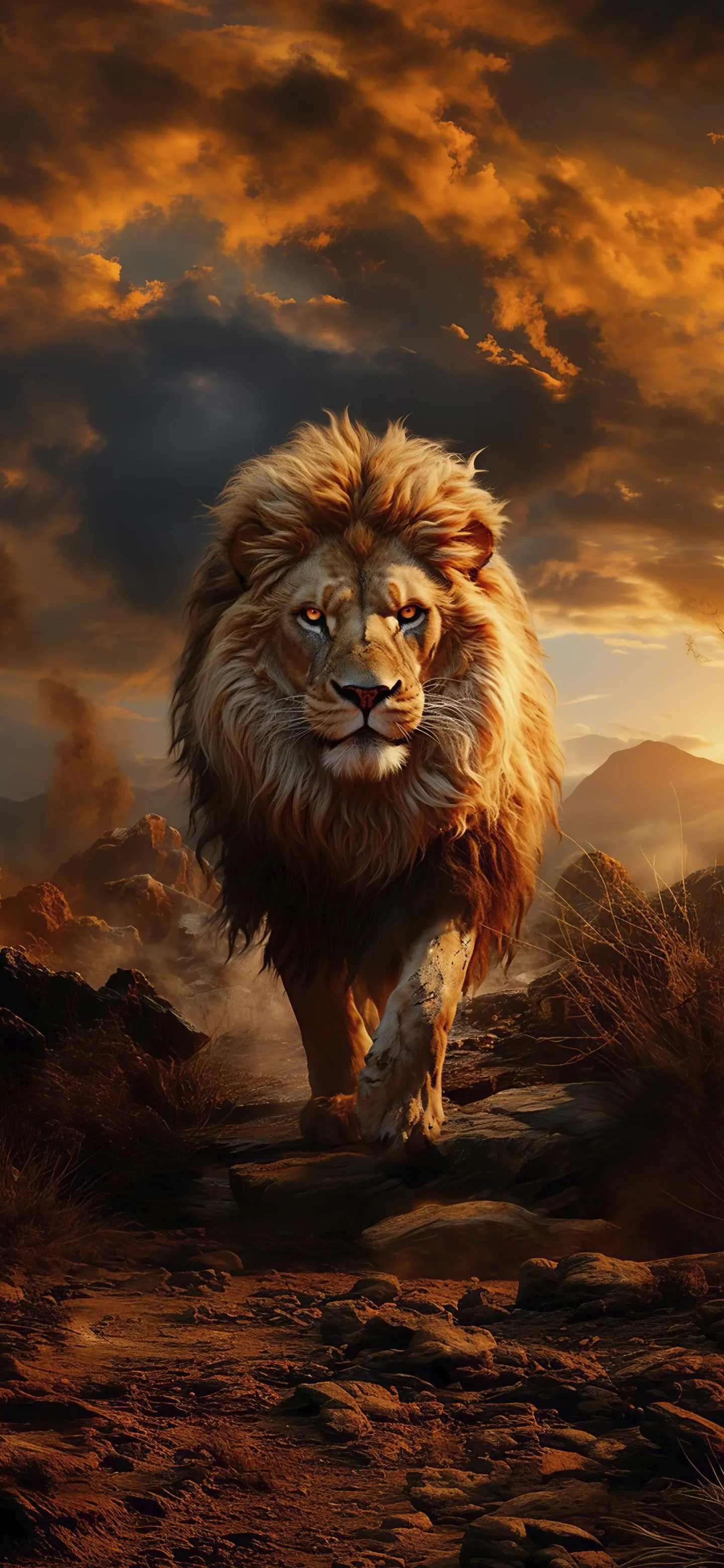 Majestic lion walking in the golden sunset light Wallpaper