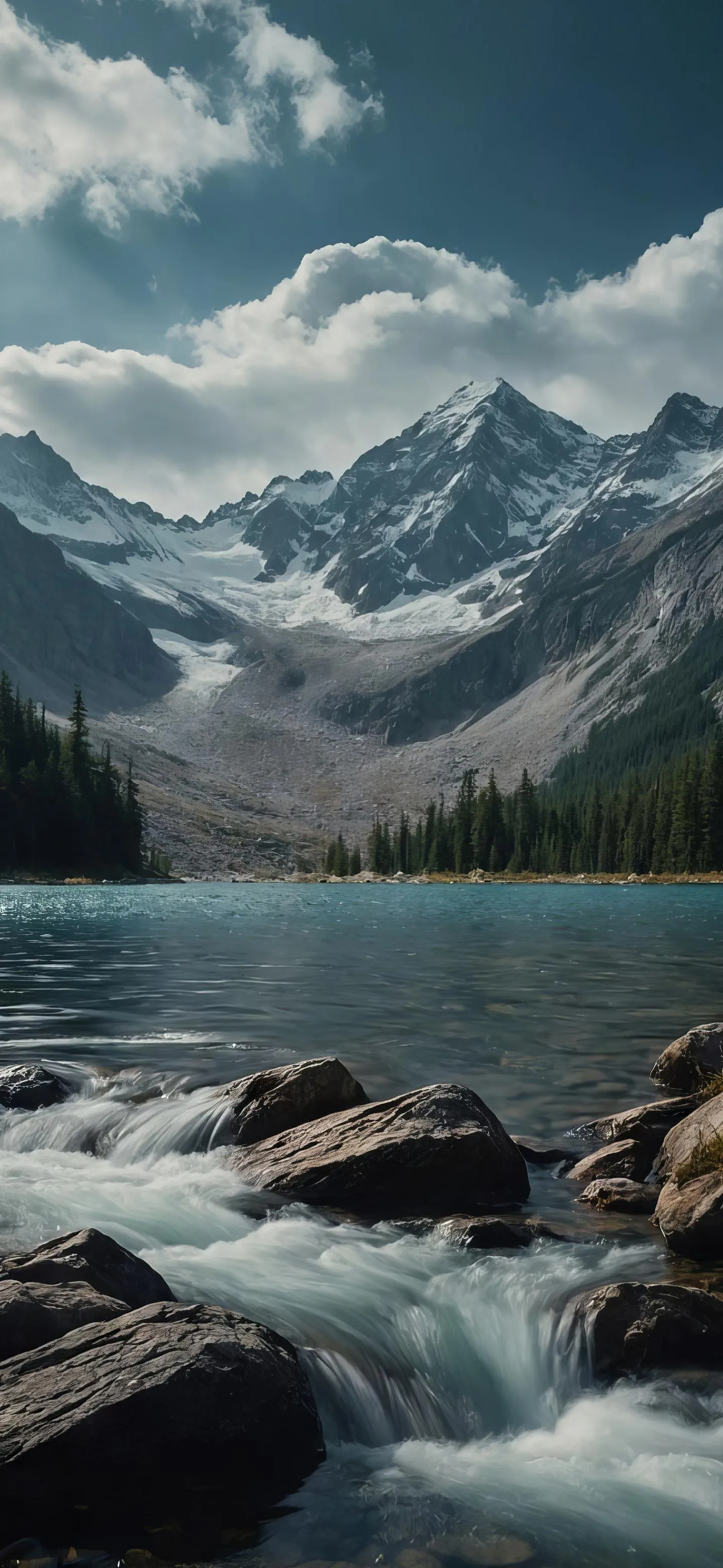 Majestic Mountain River Landscape in Cold Morning Wallpaper