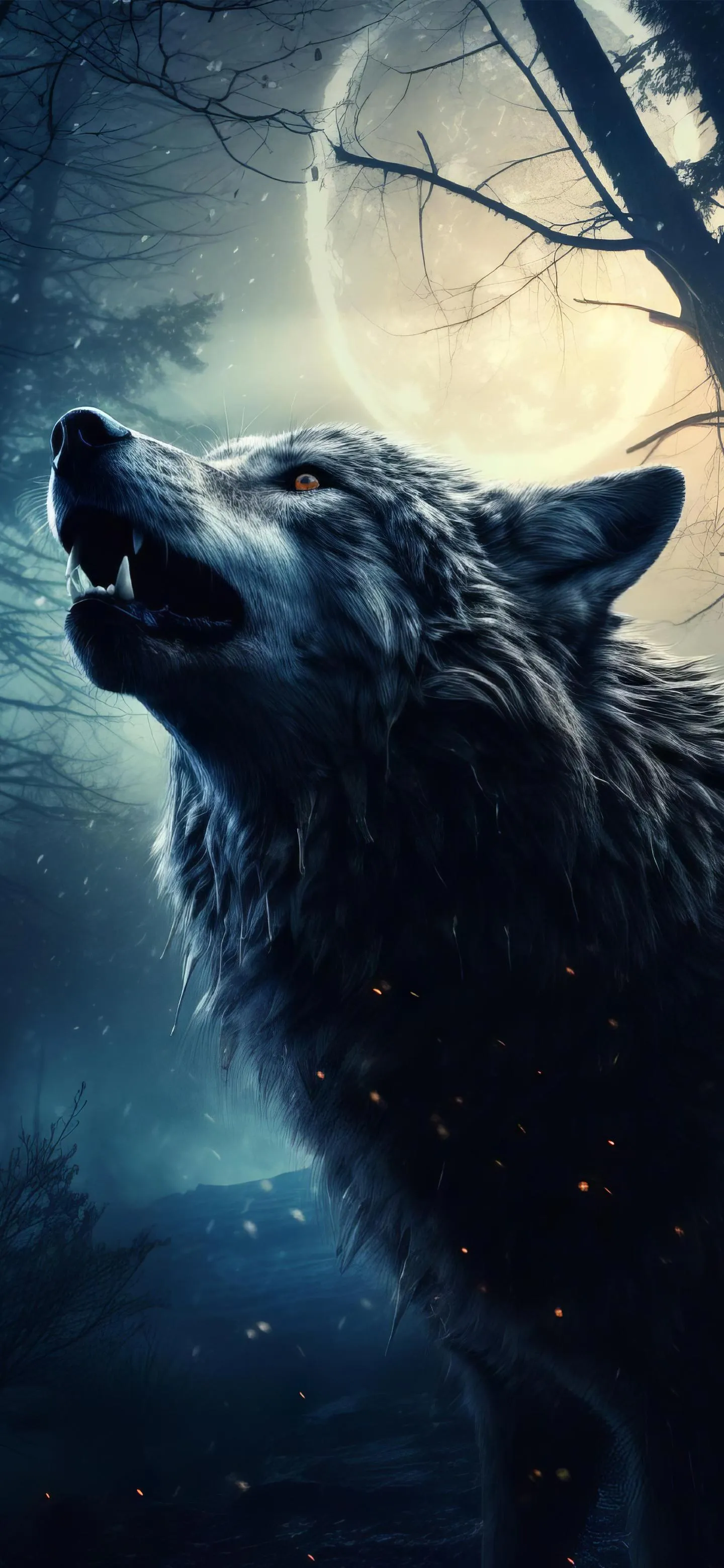 Majestic Wolf Howling at Full Moon with Snowy Forest Scene