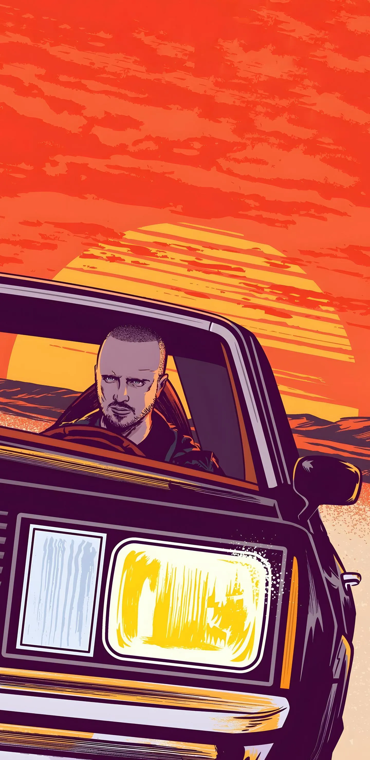 Man Driving Car on Orange Sunset Road with Artistic Style