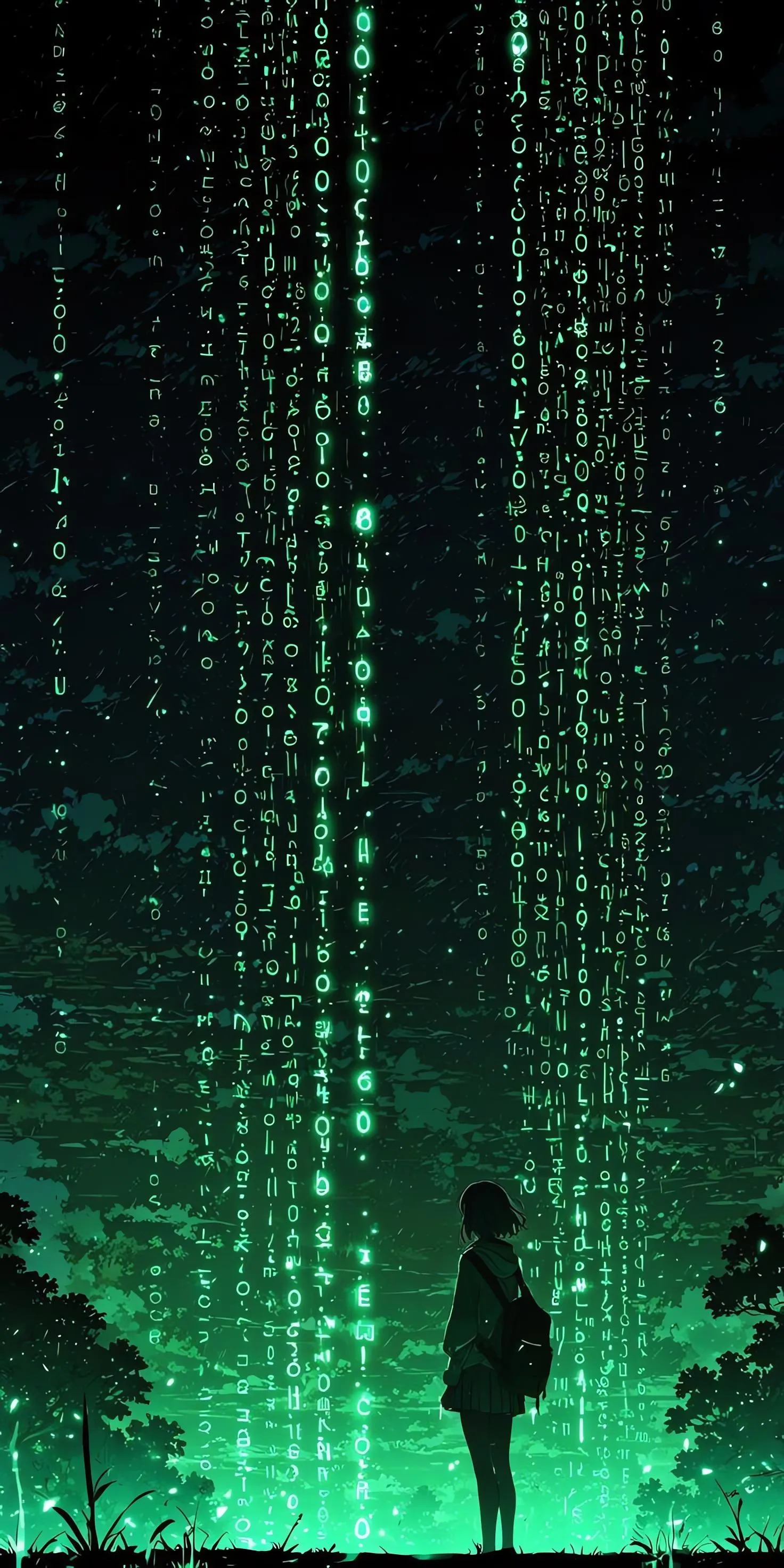 Man in Green Matrix Style Digital Code Over Black Background
