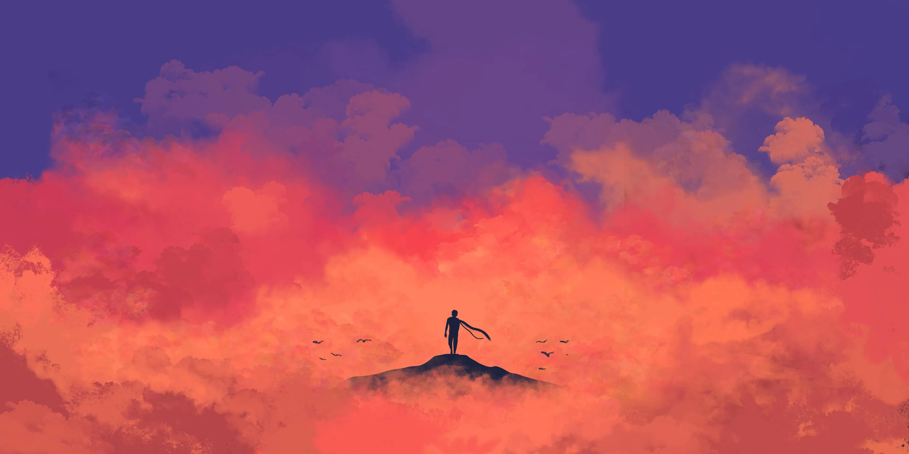 Man standing under vivid red clouds in a painted sky image