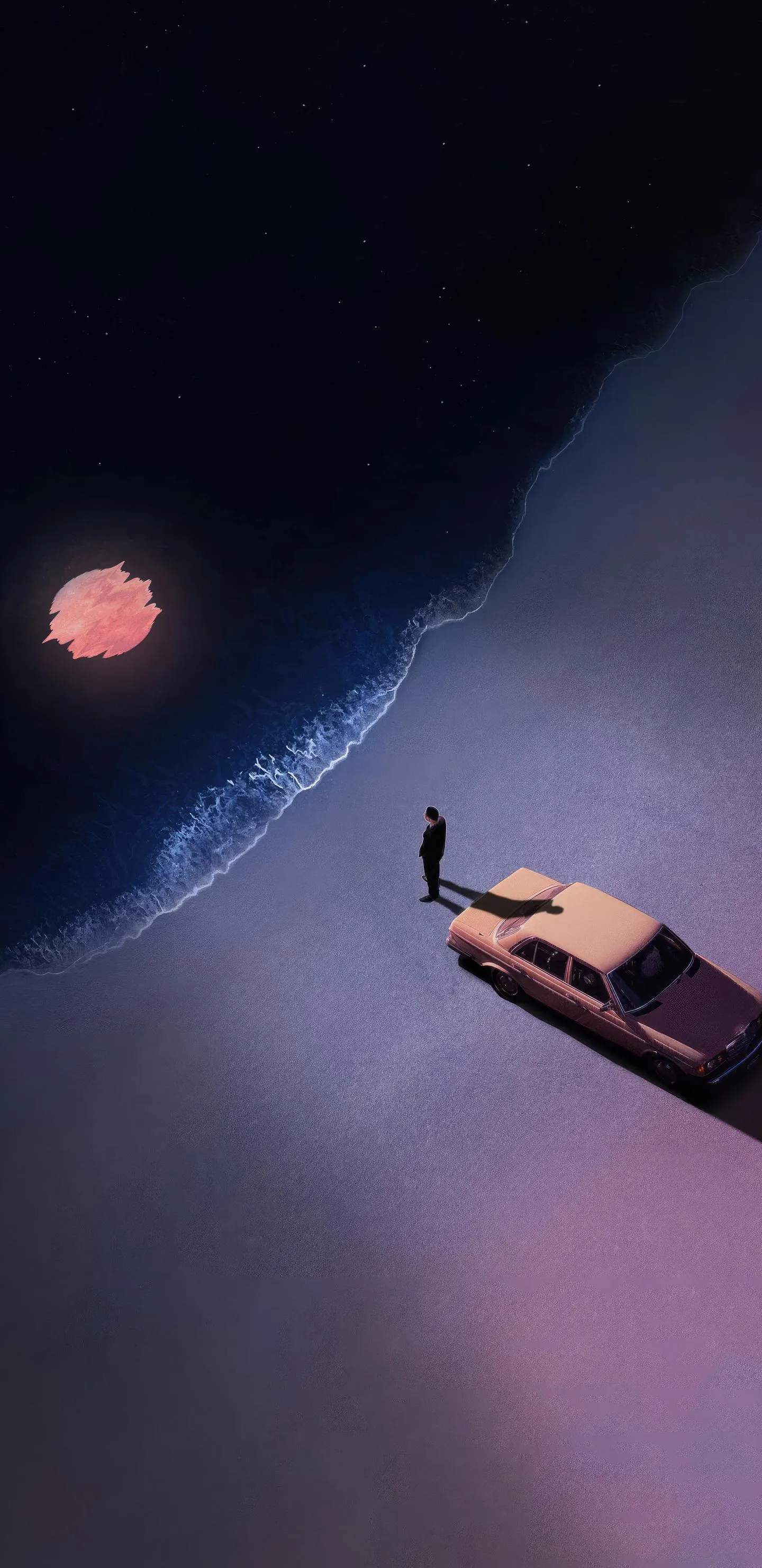 Man stands by a car on a beach under the moon Wallpaper