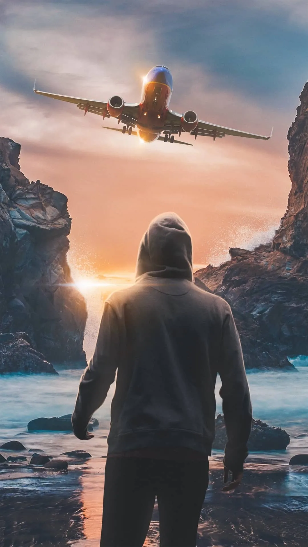 Man Watching Airplane Takeoff on Snowy Mountain Beach