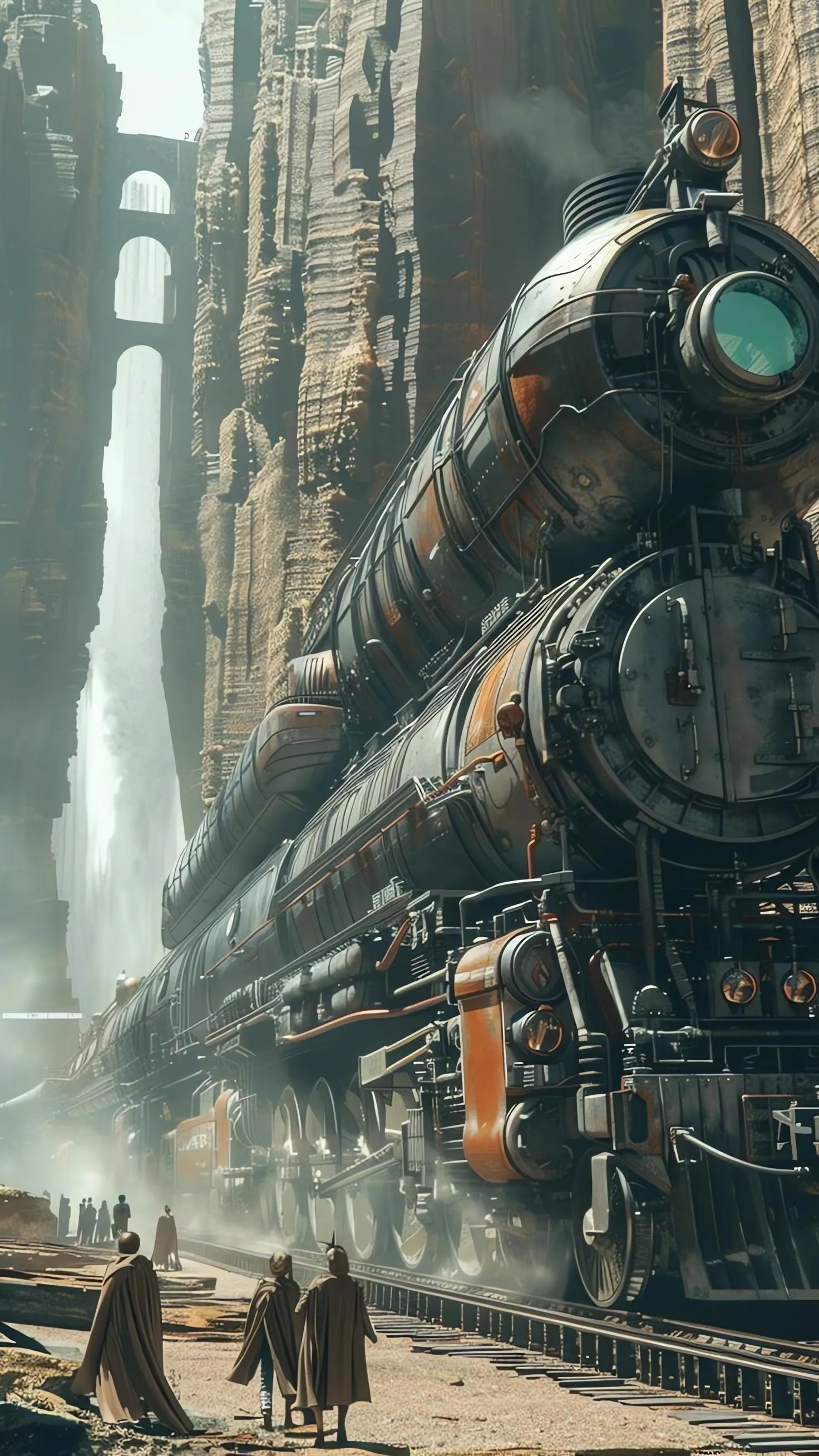 Massive Steam Train Passing Through Rocky Canyon Gate