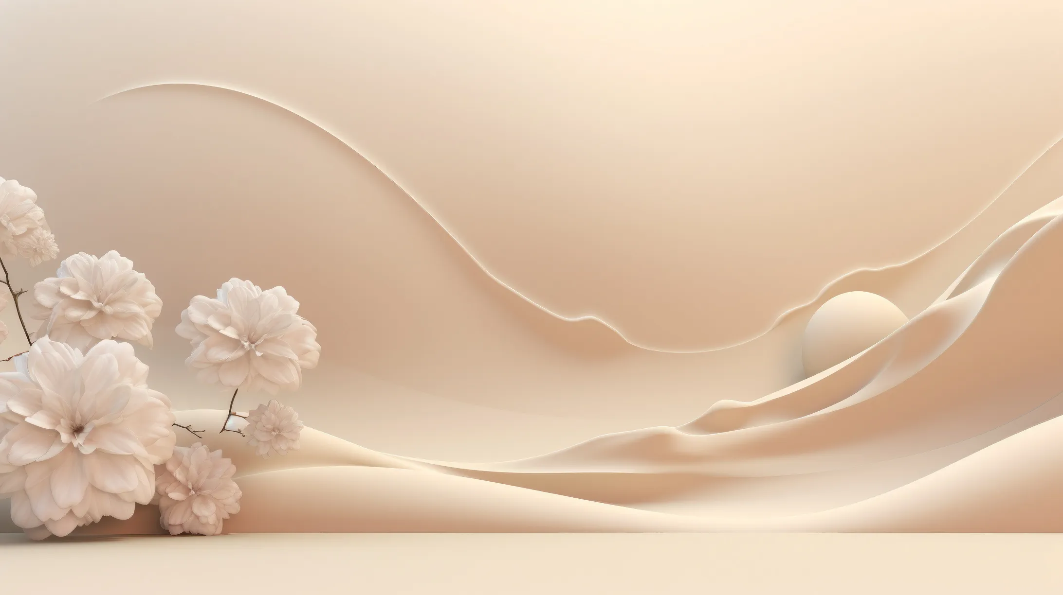 Minimal creamy background with elegant flowers and waves