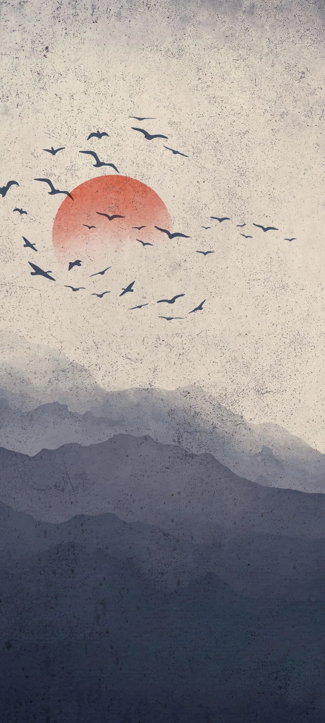 Minimal Landscape with Flying Birds and Red Sun Wallpaper