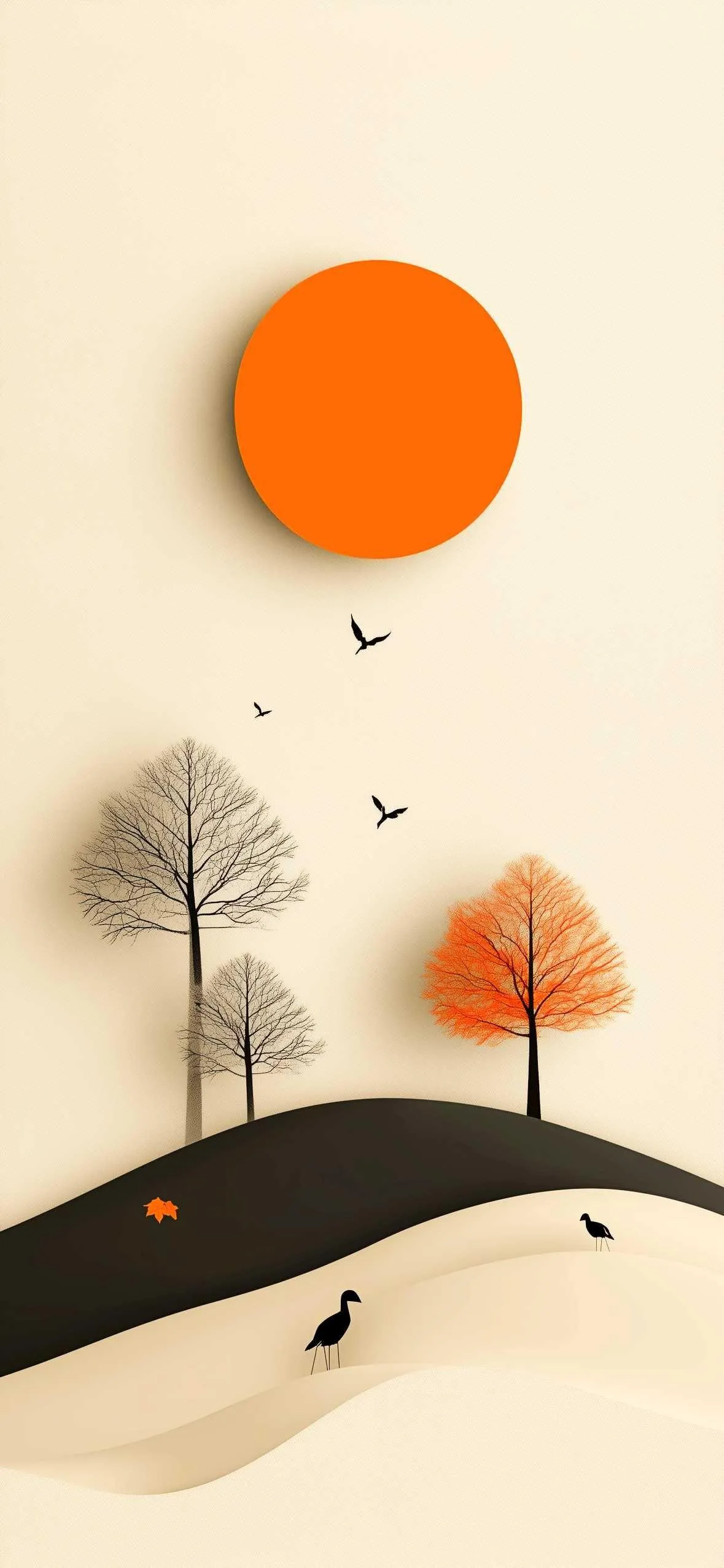 Minimalist landscape with orange sun and trees Wallpaper