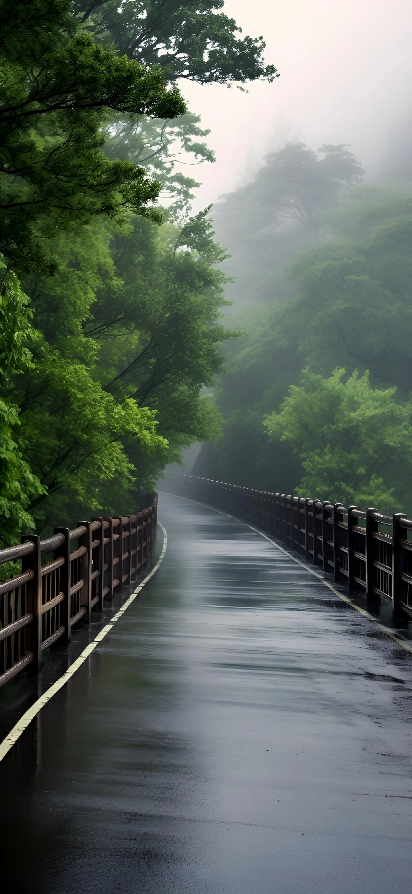 Misty forest road with wooden rail under green trees