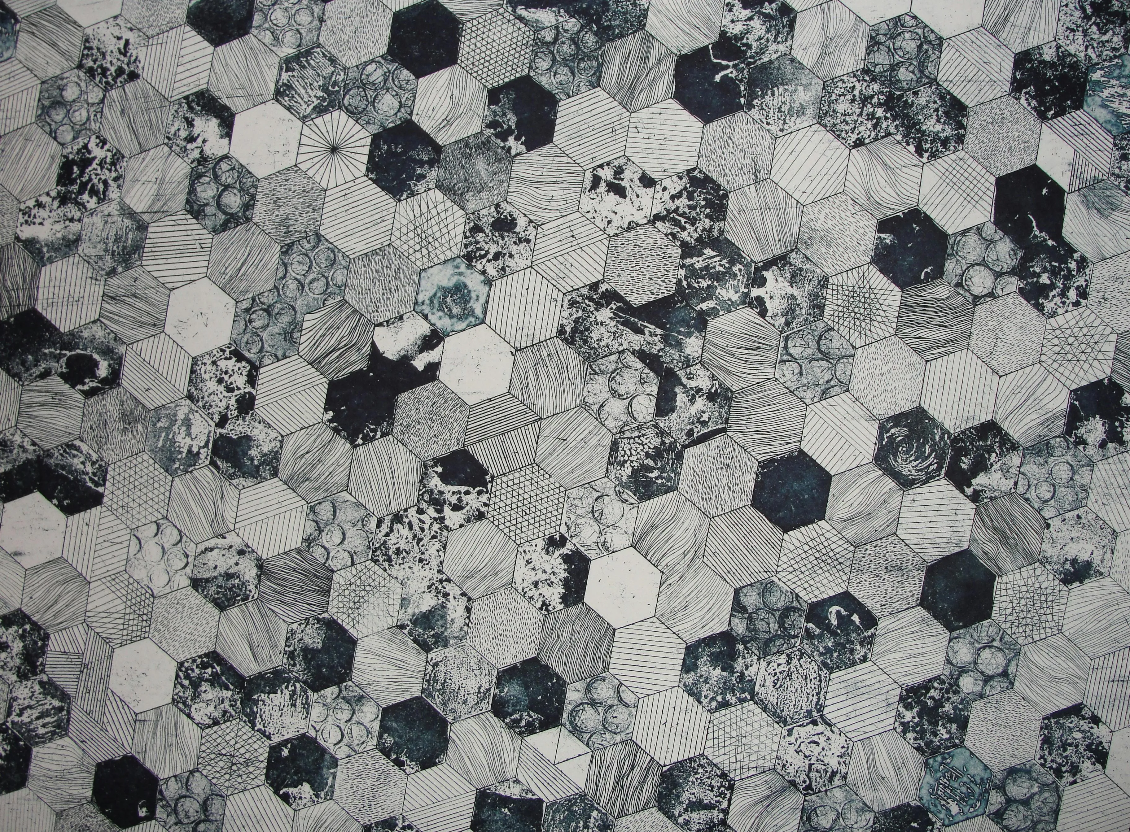 Modern hexagon tiles in a black and white stone pattern