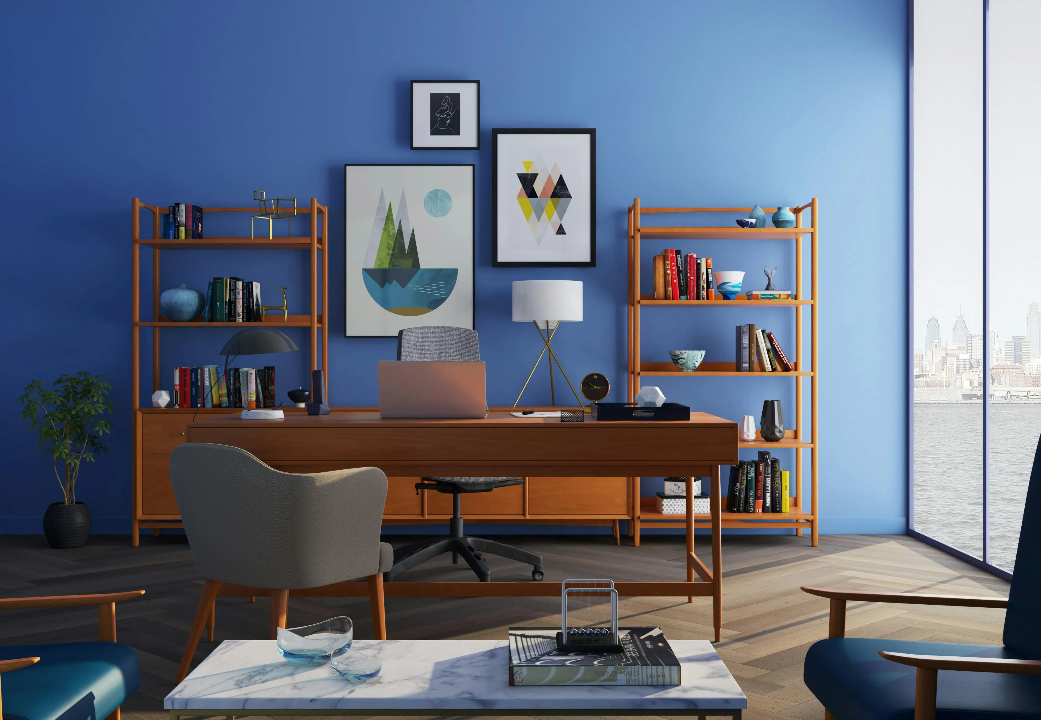Modern home office interior with blue wall and wooden desk
