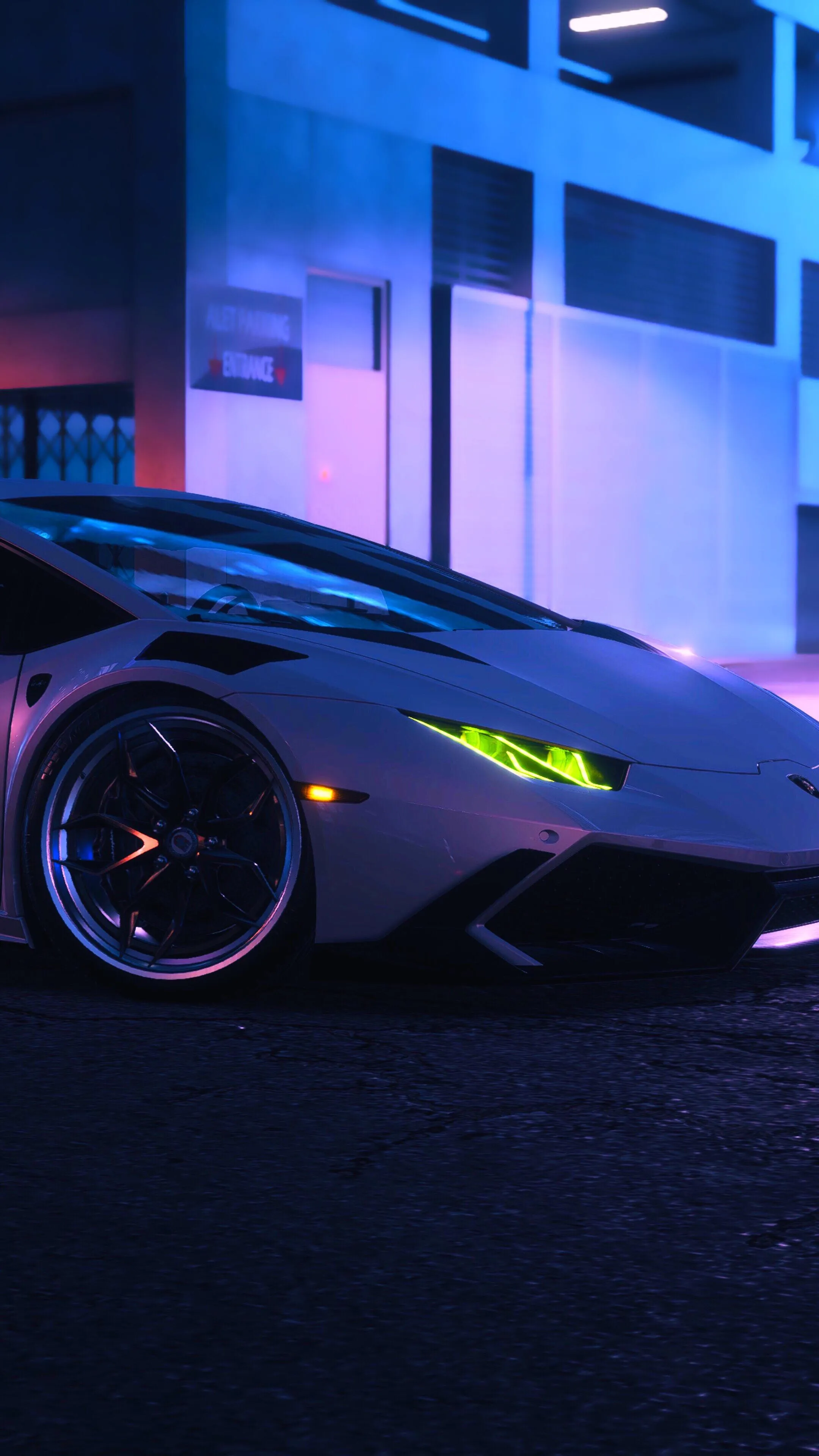 Modern Sports Car Parked At Night with Blue Neon Lights Mobile