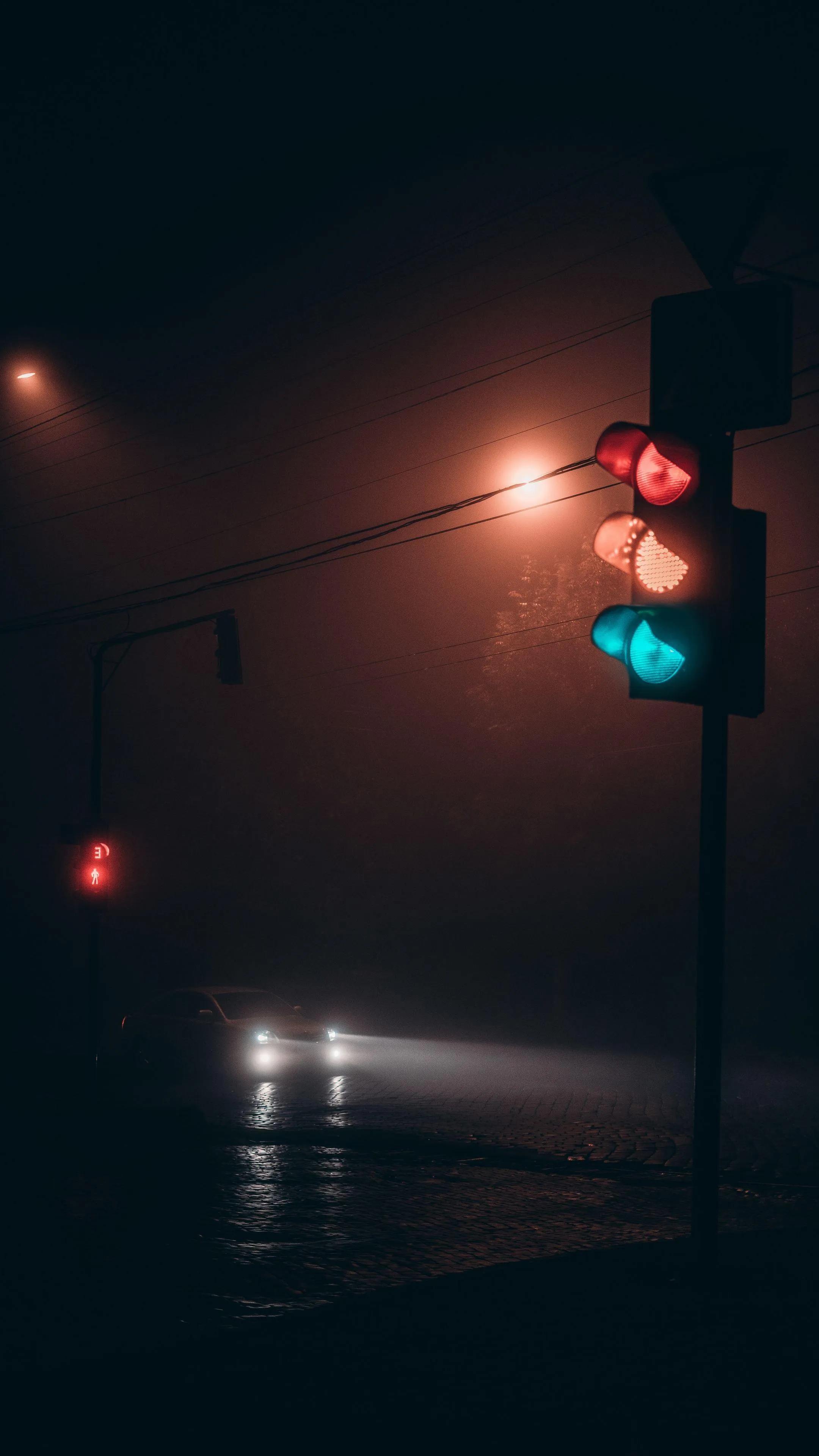 Moody Night Street Scene with Traffic Lights and Fog