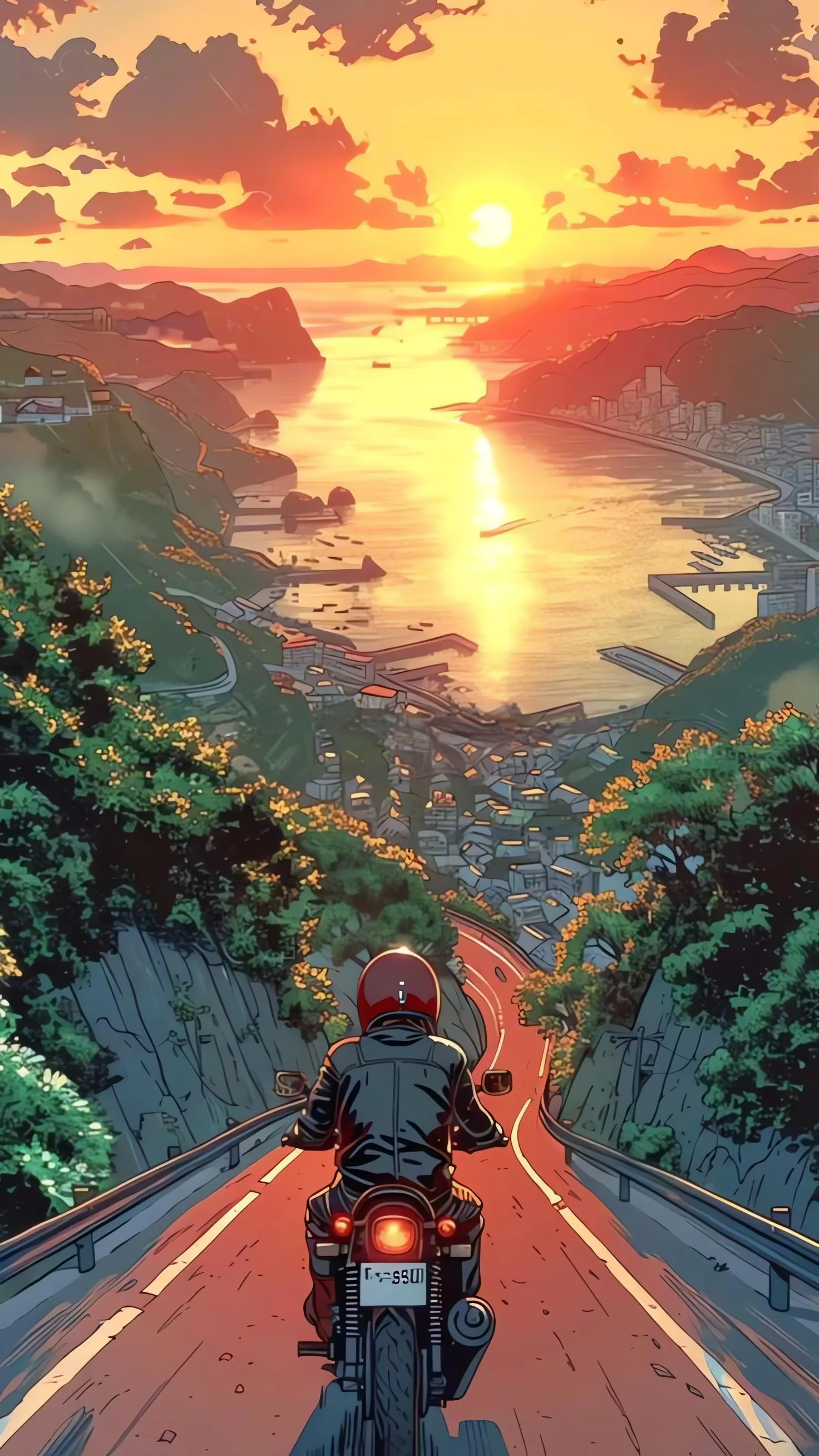 Motorcycle on Forest Road During a Vivid Sunset Ride