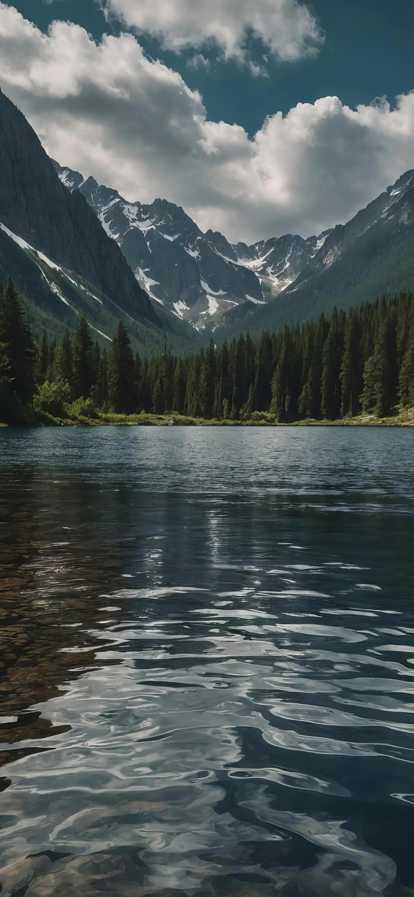 Mountain Lake with Clear Water and Cloudy Sky Wallpaper