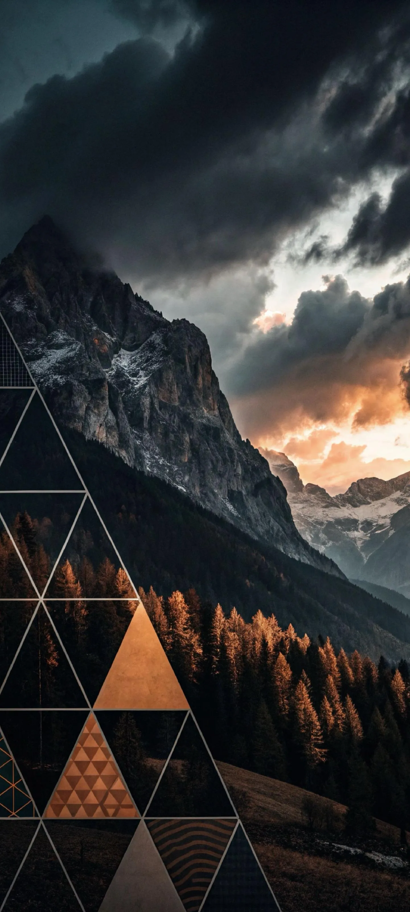 Mountain Landscape with Triangle Design and Sunset Wallpaper