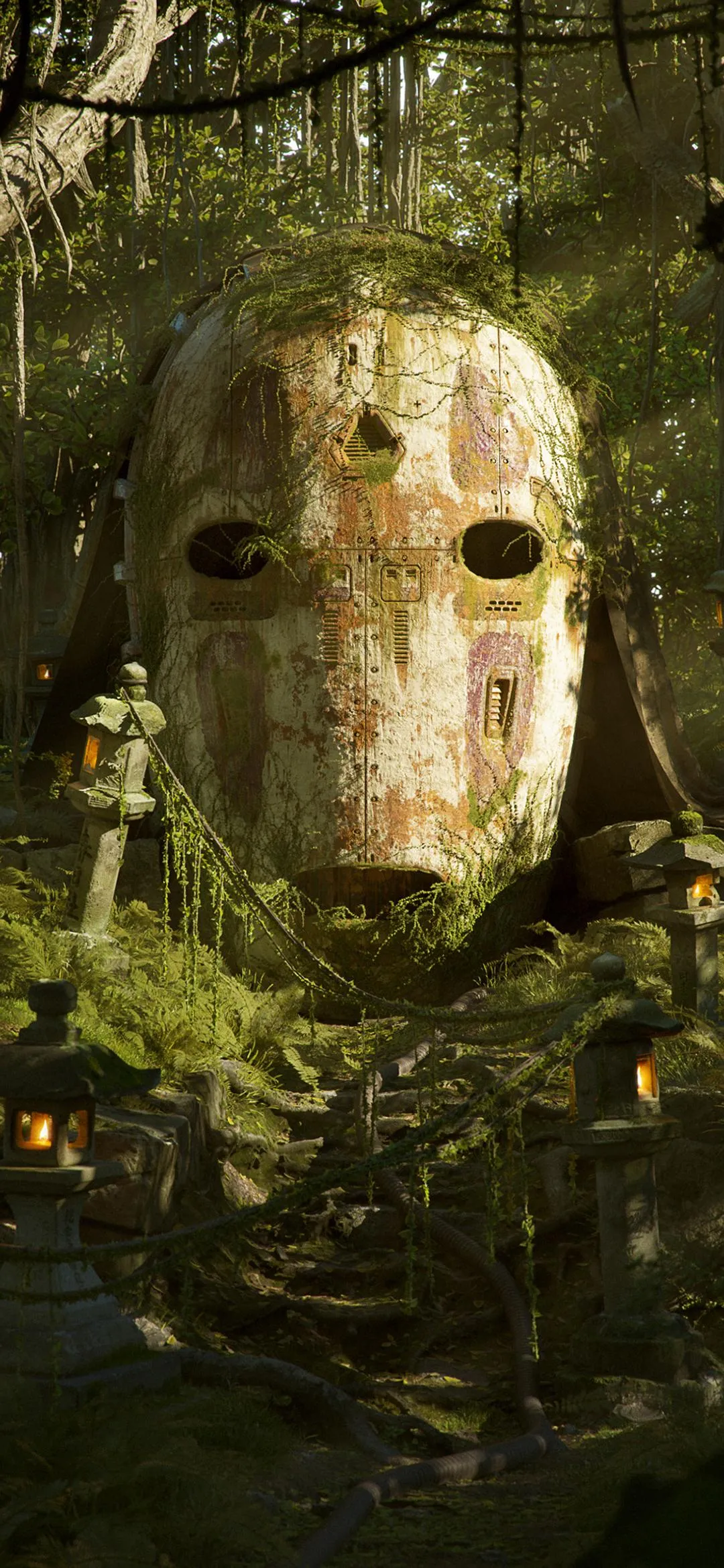 Mysterious Ancient Mask Among Green Leaves Mobile Wallpaper