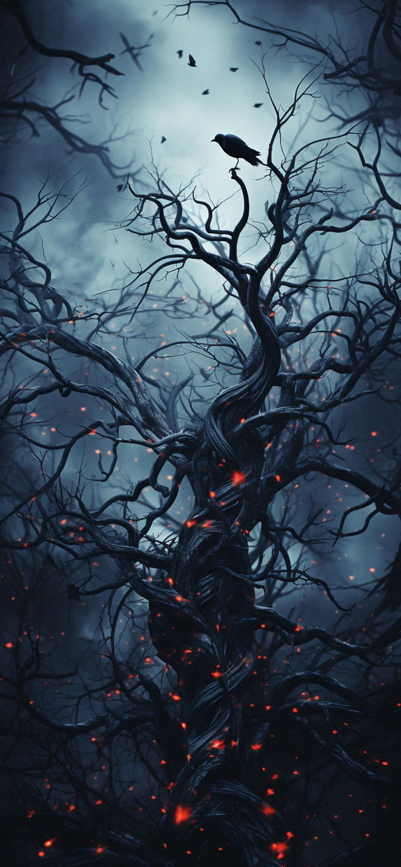 Mysterious dark forest with barren twisted trees Wallpaper