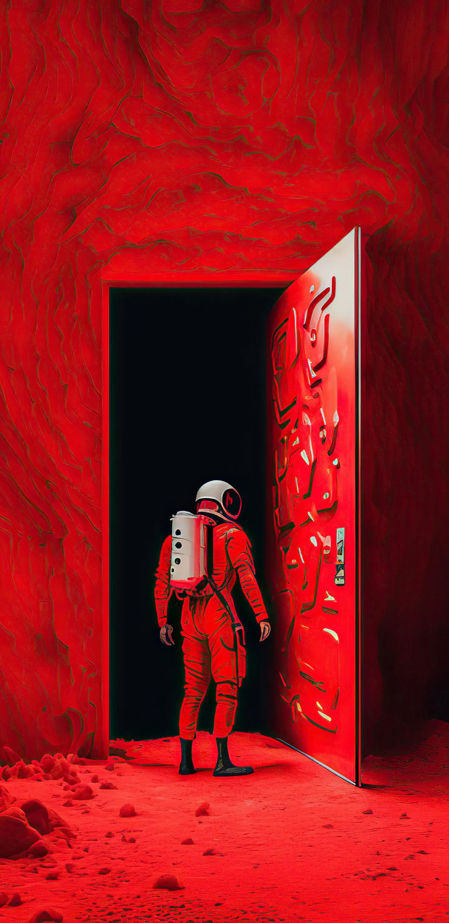 Mysterious Figure Standing in Red Doorway Wallpaper