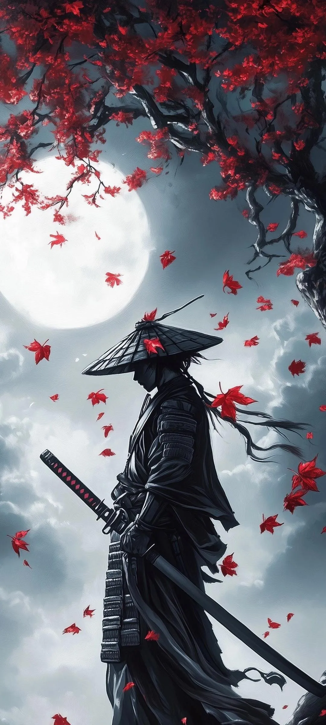Mysterious figure under full moon with falling leaves