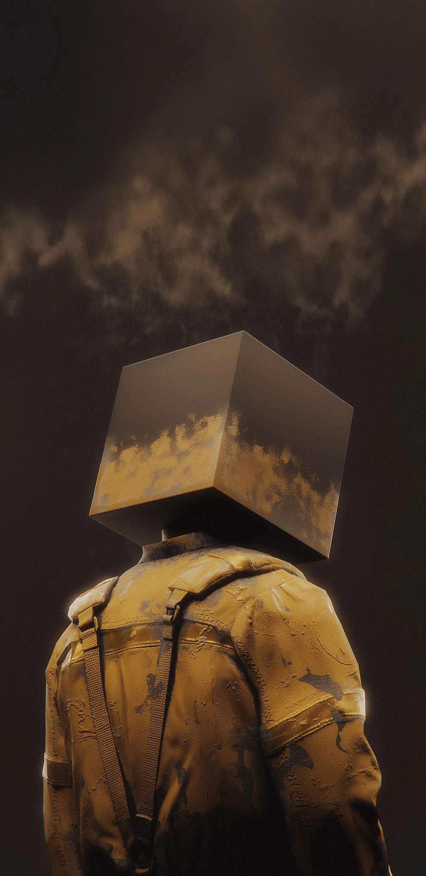 Mysterious Figure with Box Head in Dark Fog Wallpaper