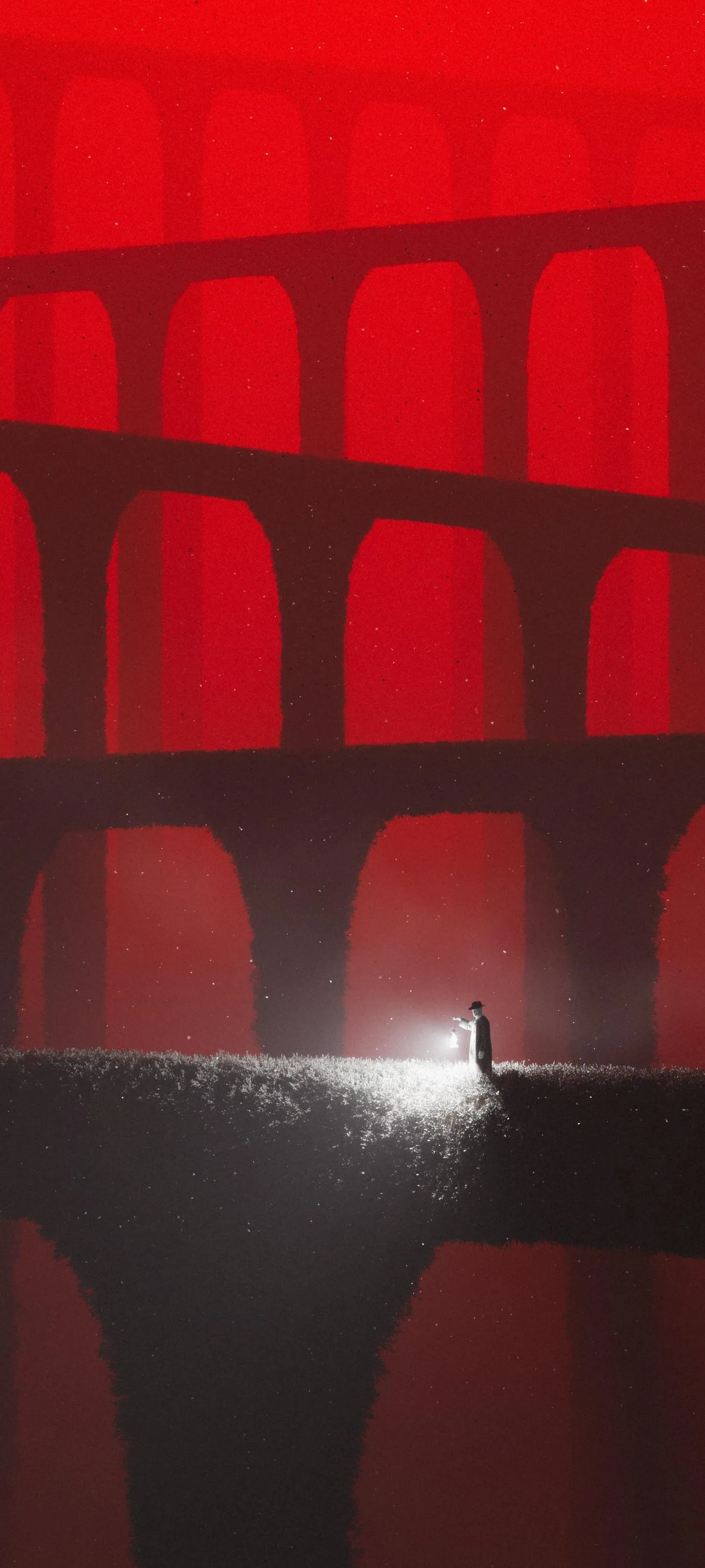 Mysterious Man Walking Alone Under Red Arch Bridges