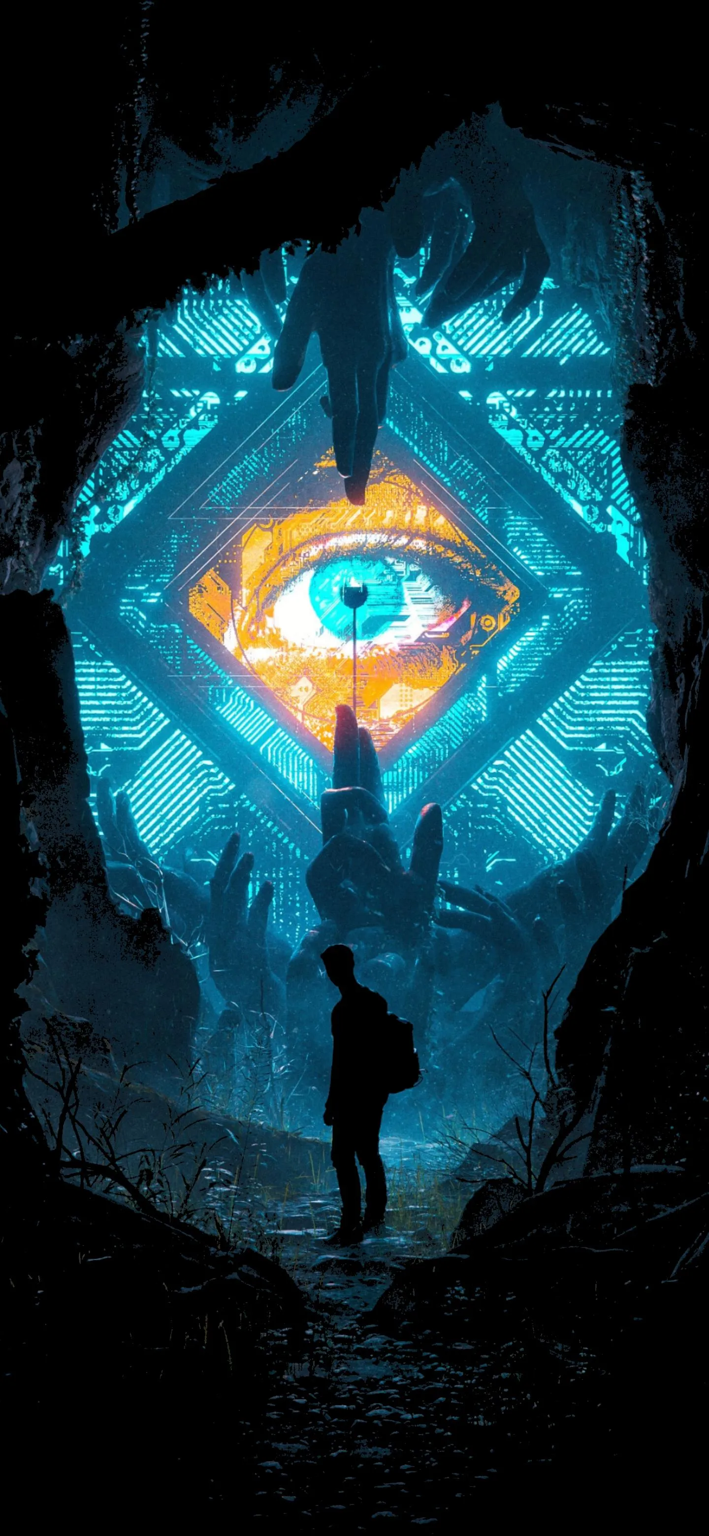 Mysterious person standing before glowing blue eye