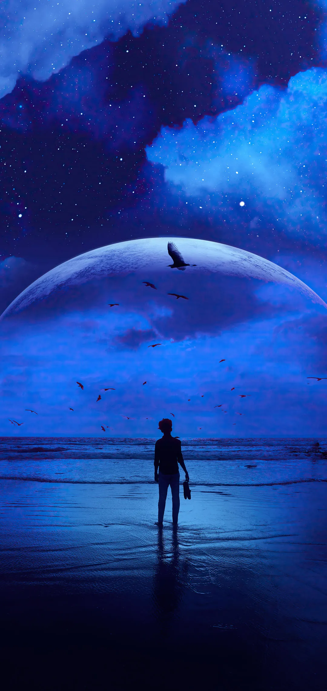 Mysterious shadow figure near glowing blue portal Wallpaper