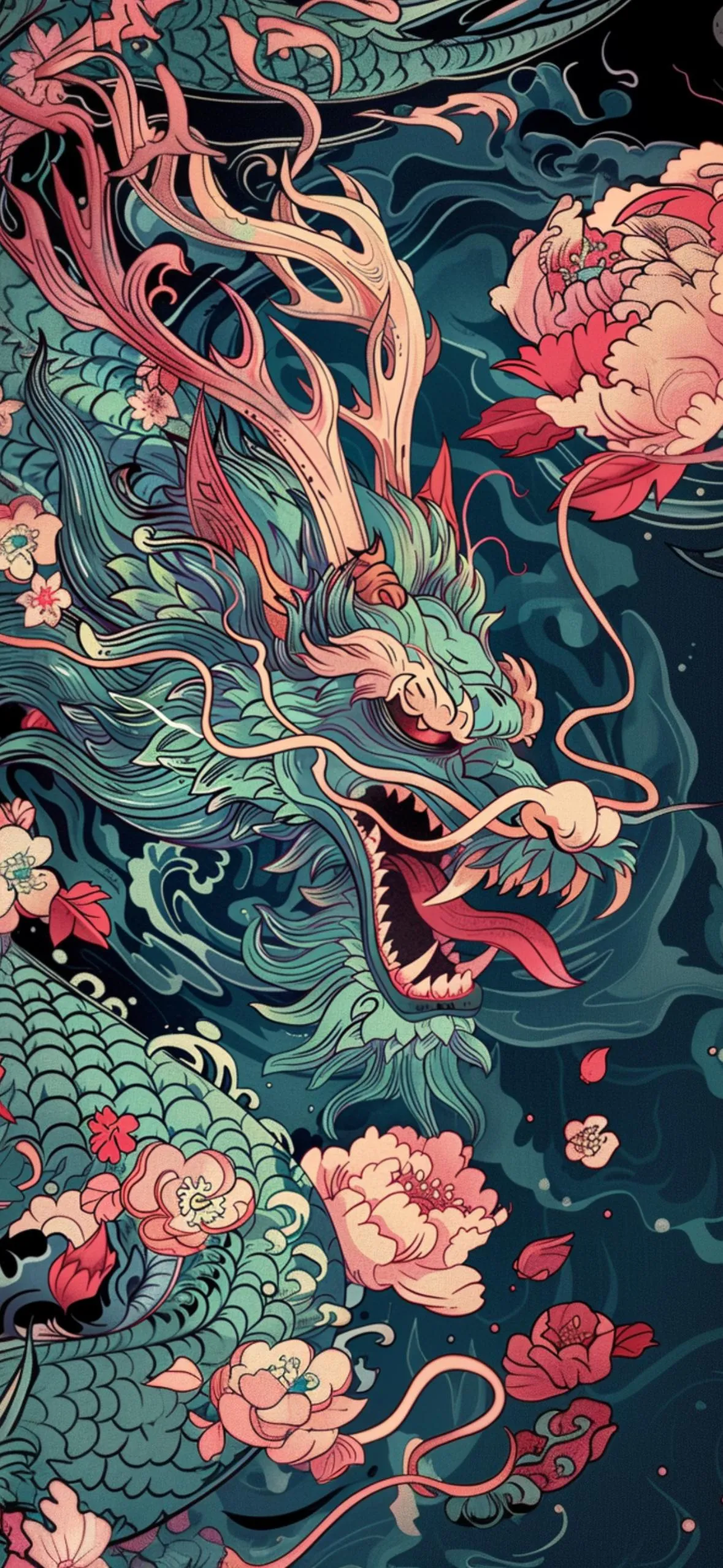 Mystical Eastern Dragon Surrounded by Blooming Flowers