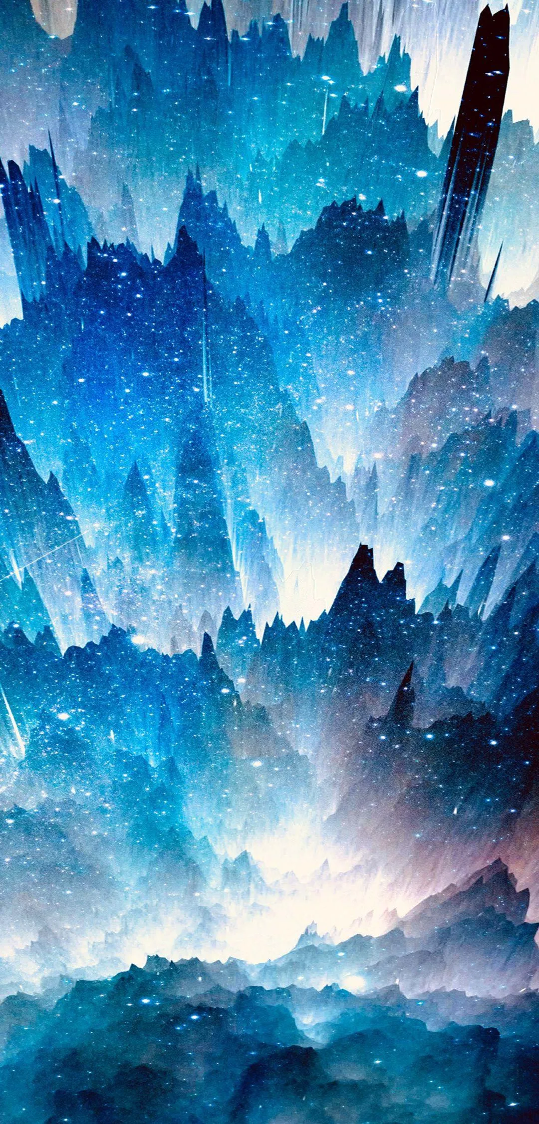 Mystical Ice Mountains Under a Starry Cosmic Sky Wallpaper