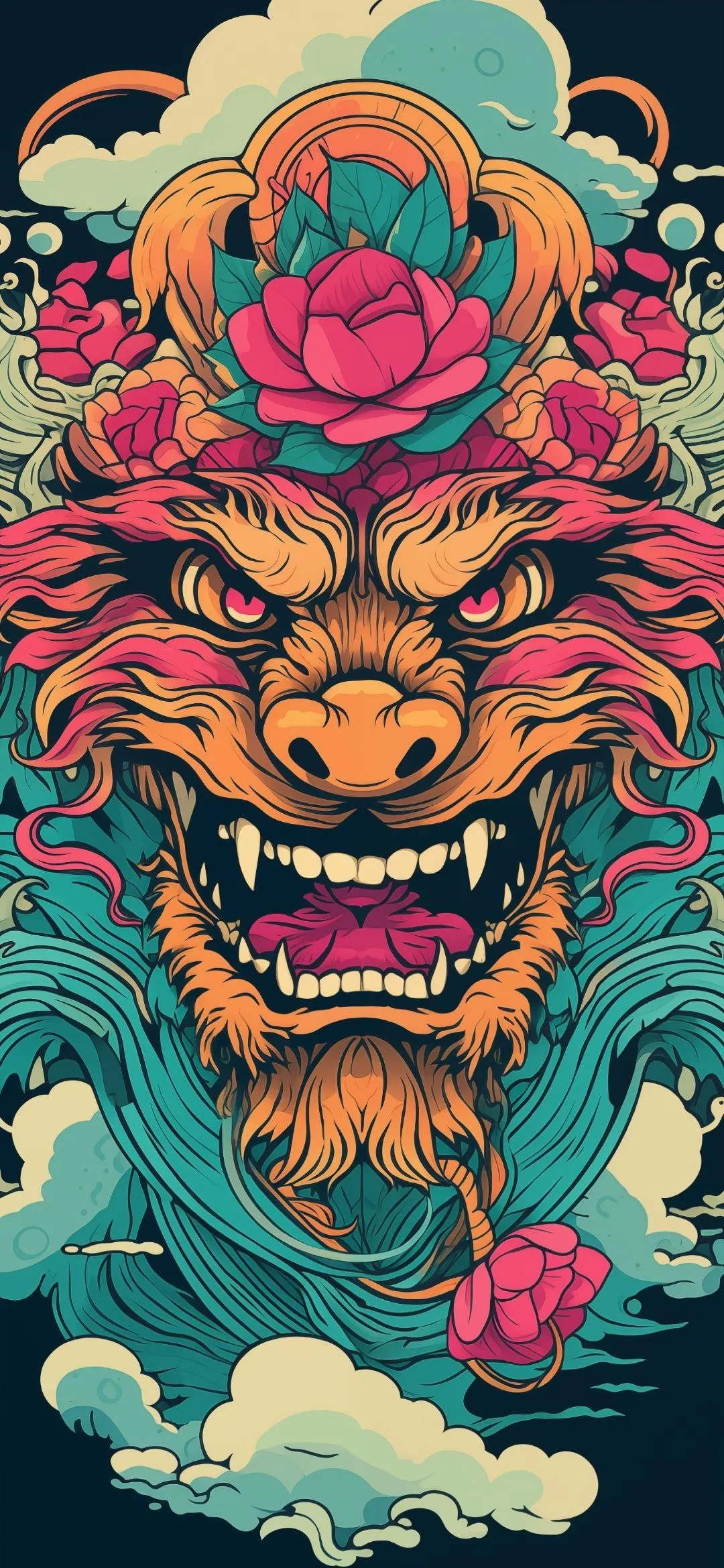 Mythical Mask Artwork with Bold Colors and Floral Details