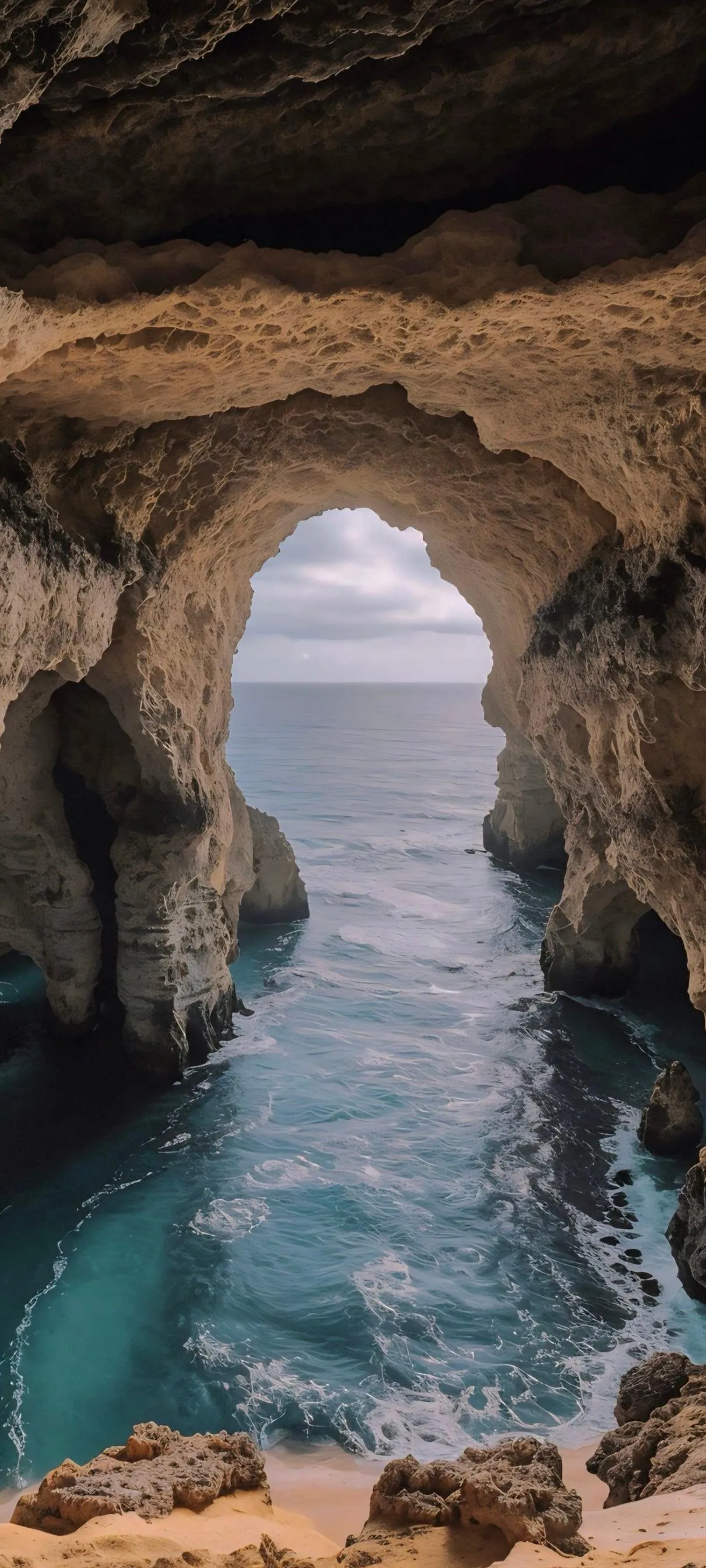 Natural Cave Opening Overlooking Clear Blue Ocean Waters
