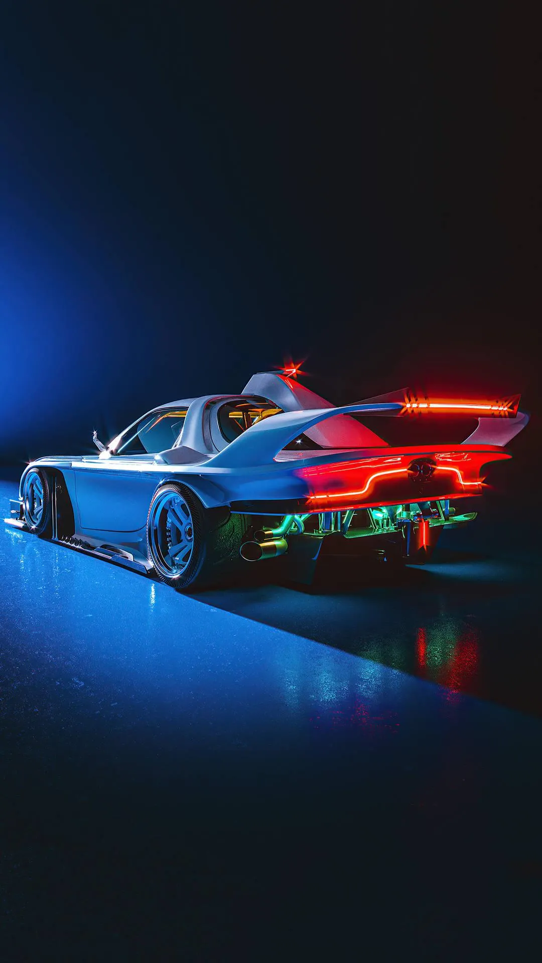 Neon Car Racing Scene with Blue and Red Dynamic Light