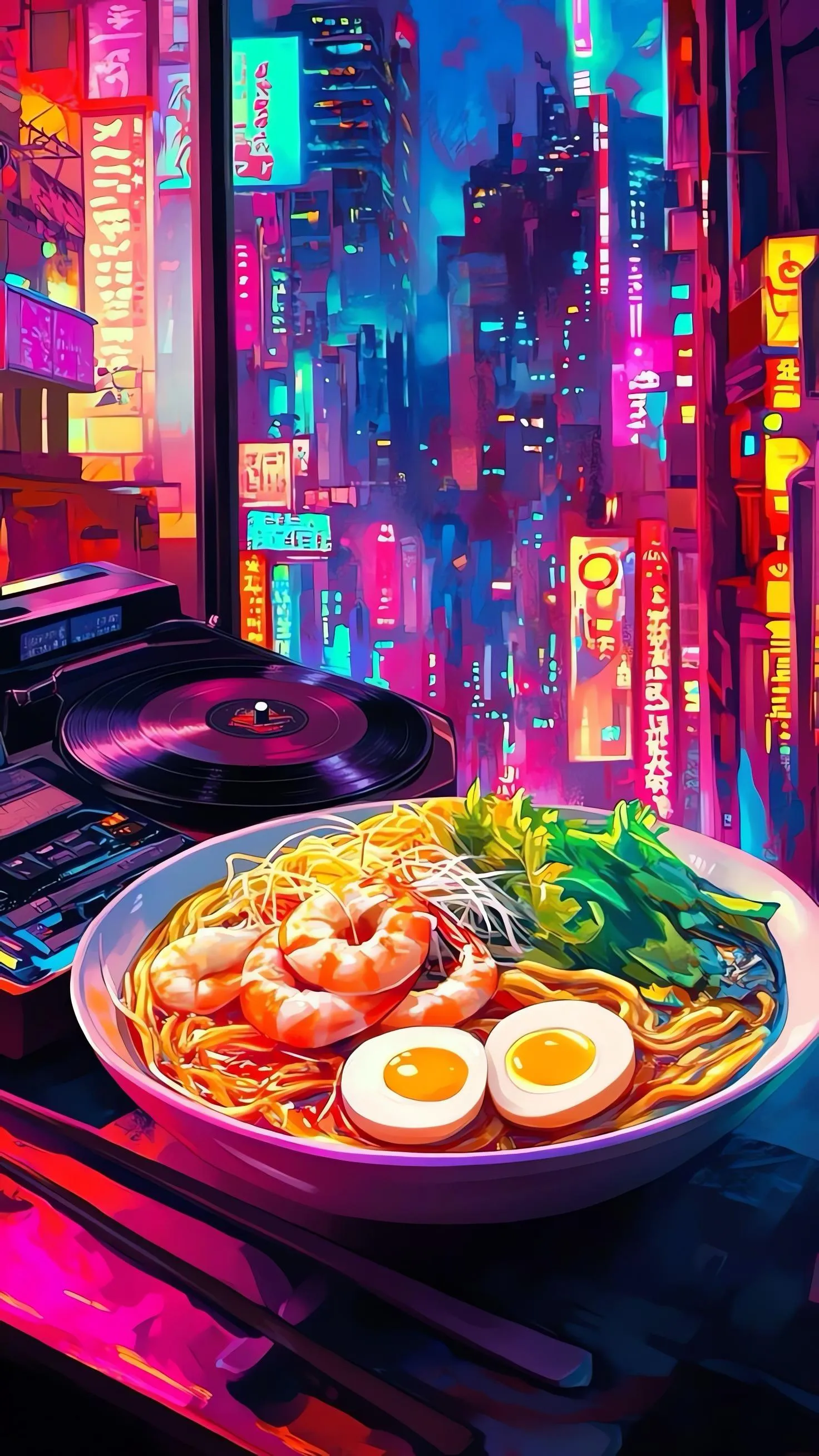 Neon City Street Food with Ramen Bowl and Lights Wallpaper