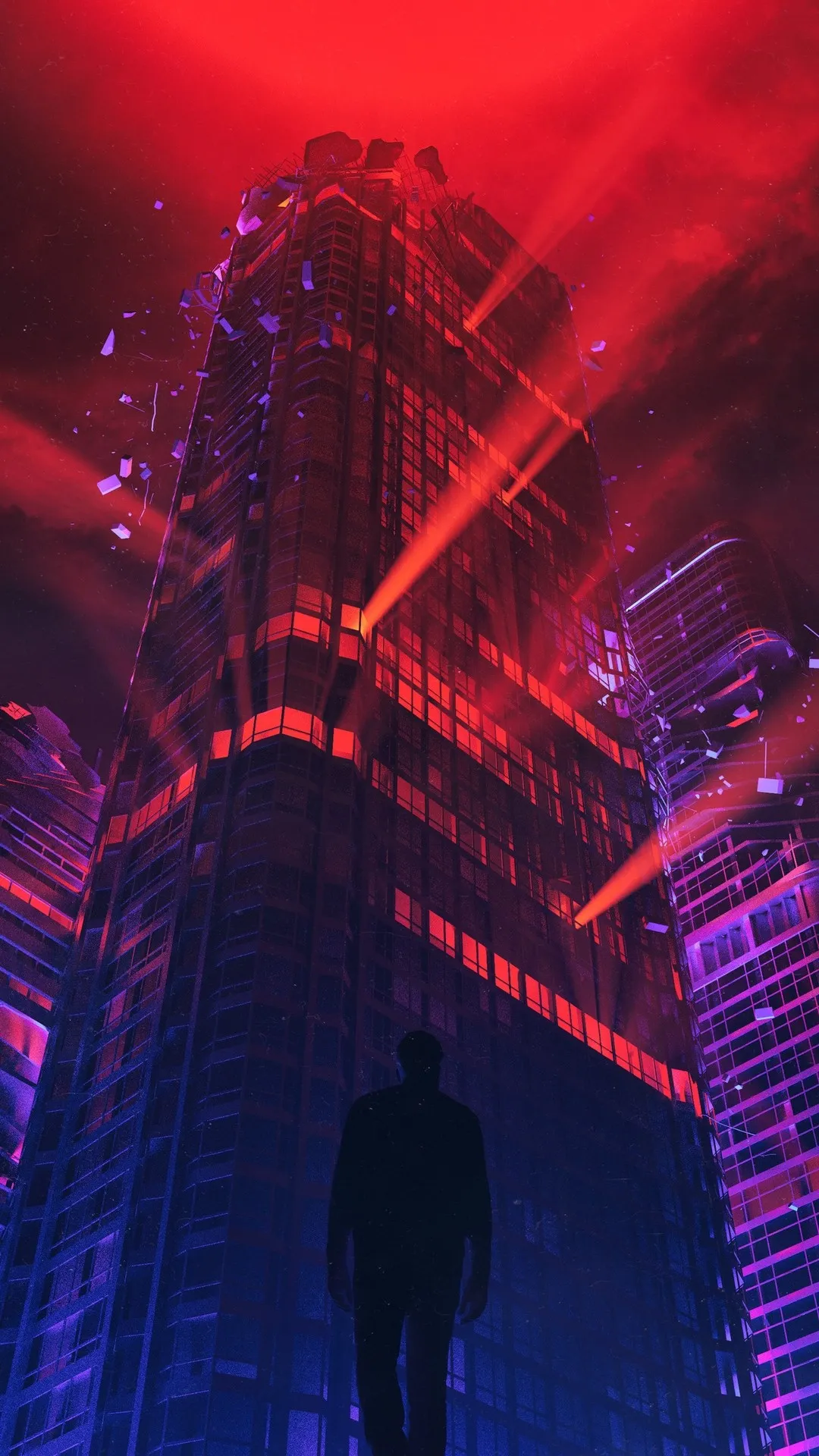 Neon Cyberpunk City with Silhouetted Figure and Towers