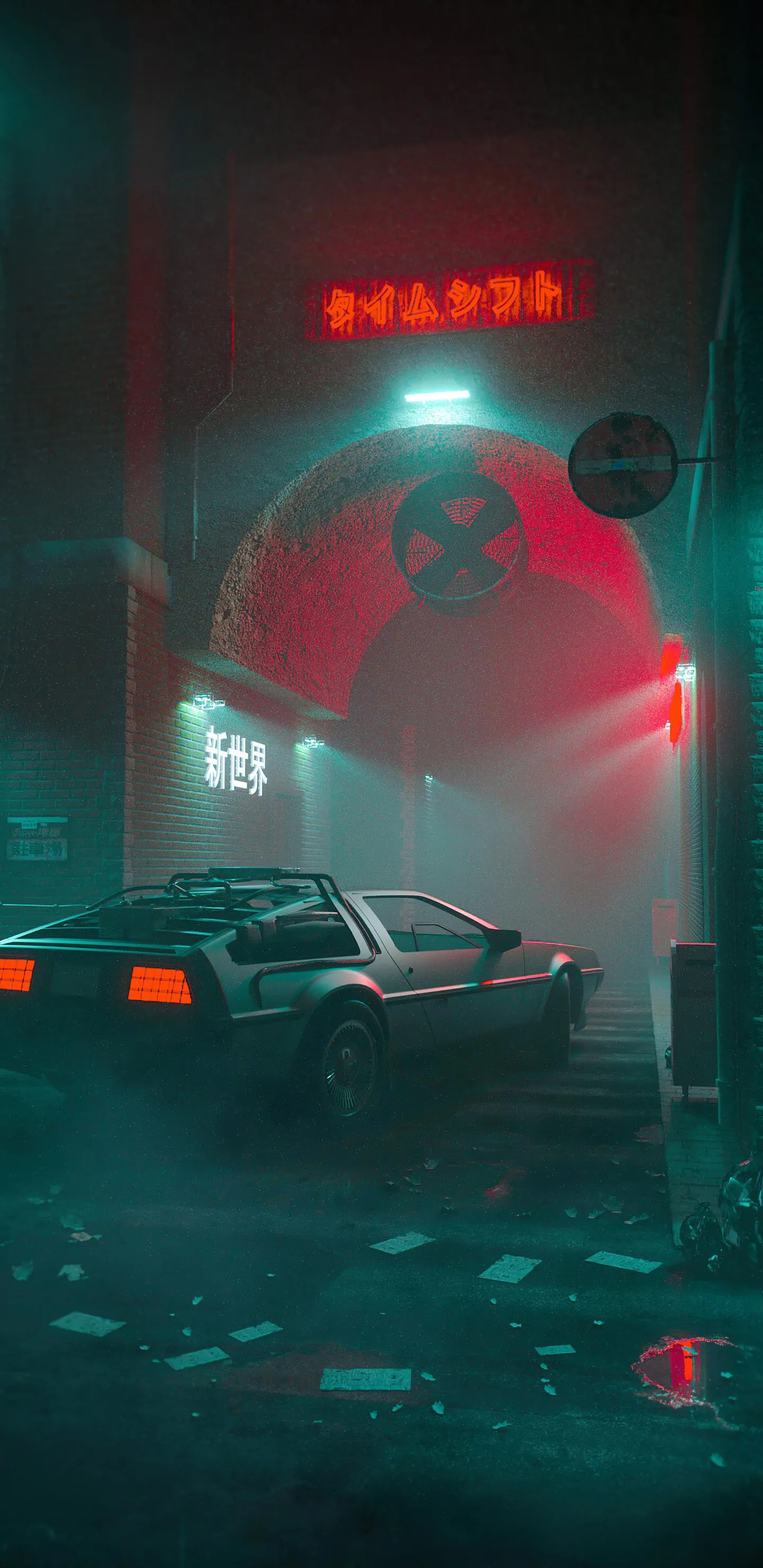 Neon Lit Futuristic City Street Scene at Night with Car