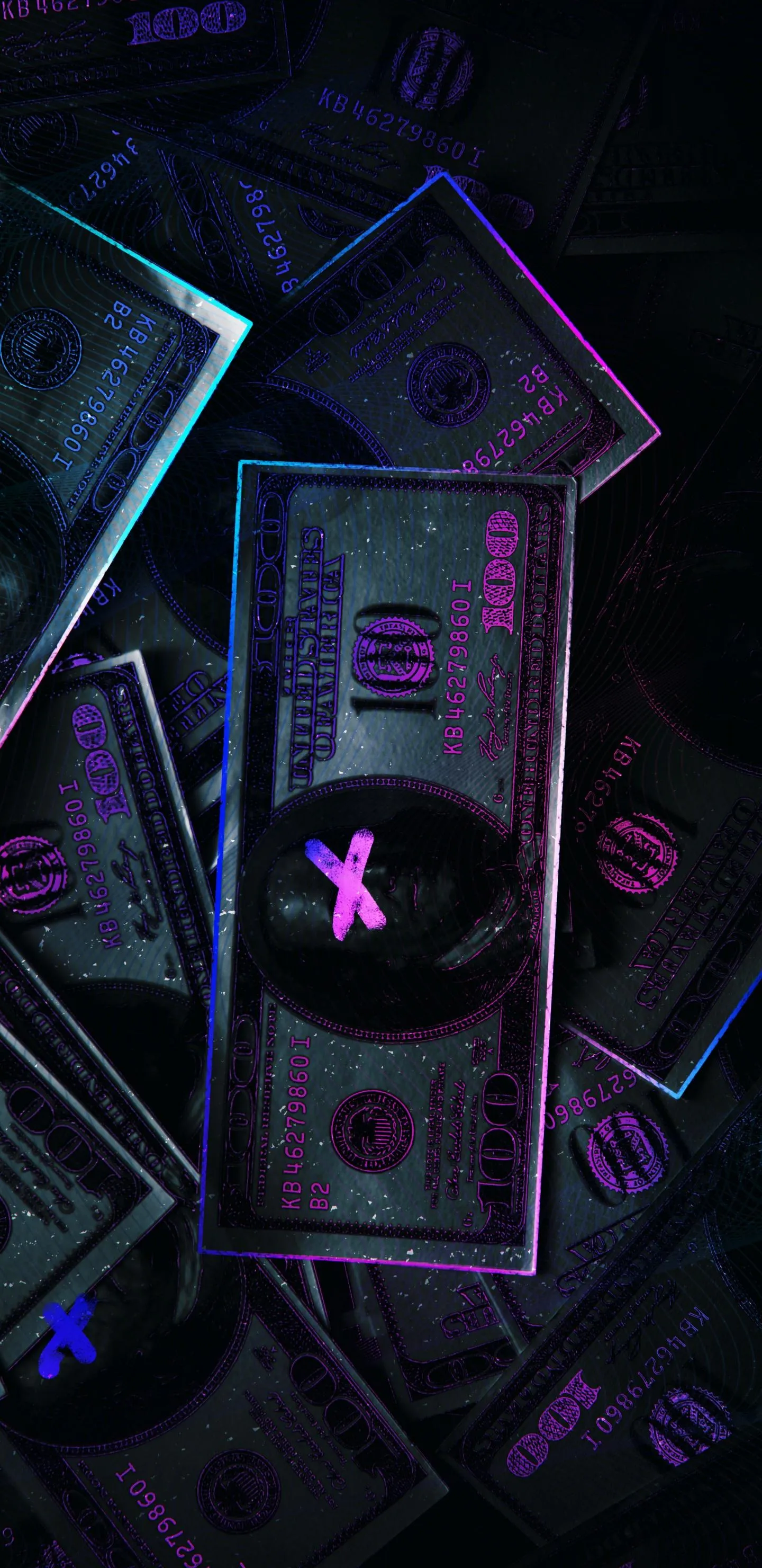 Neon Marked Dollar Bills Symbolizing Dark Side of Wealth