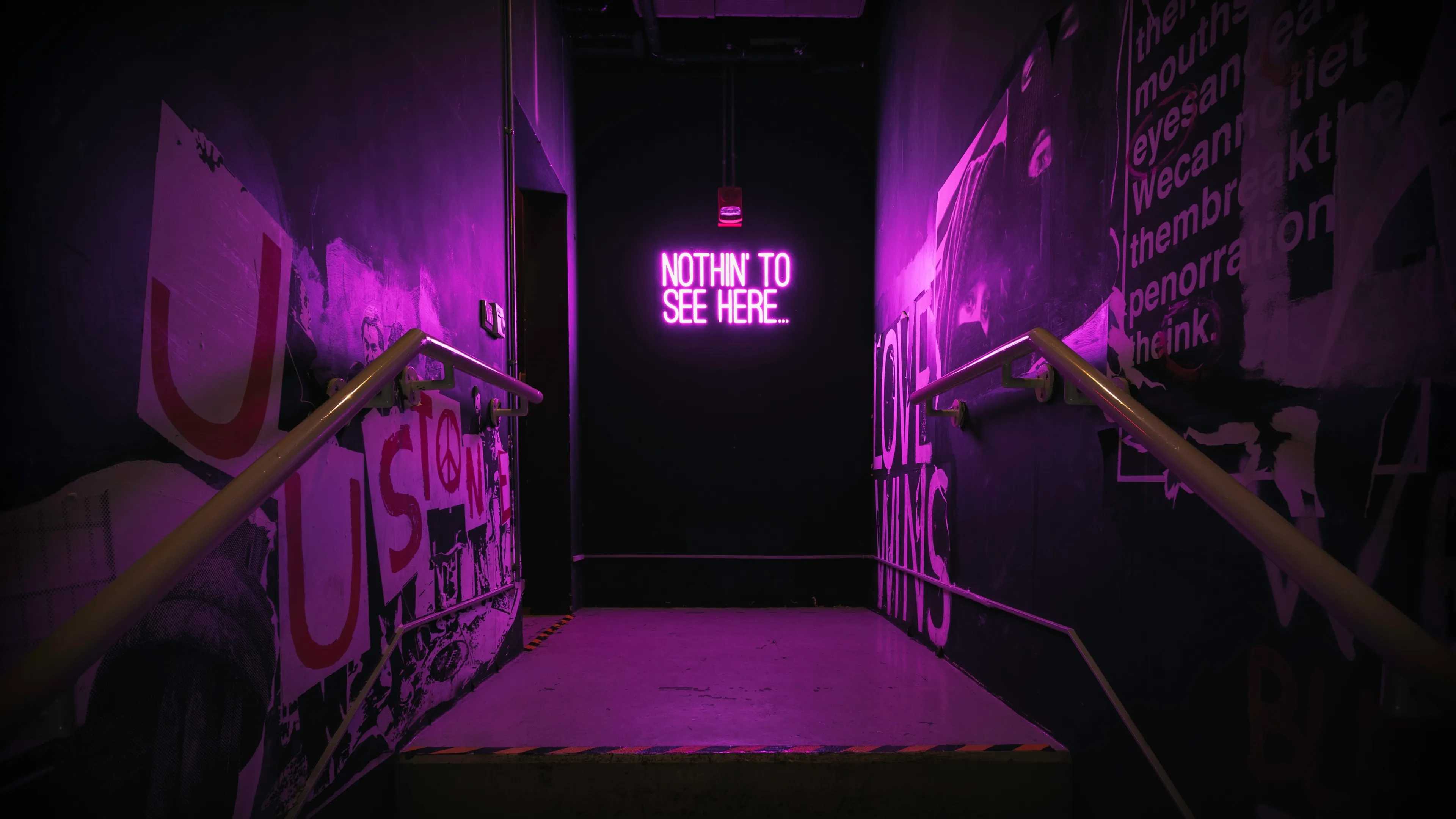 Neon purple hallway with graffiti art background image HD