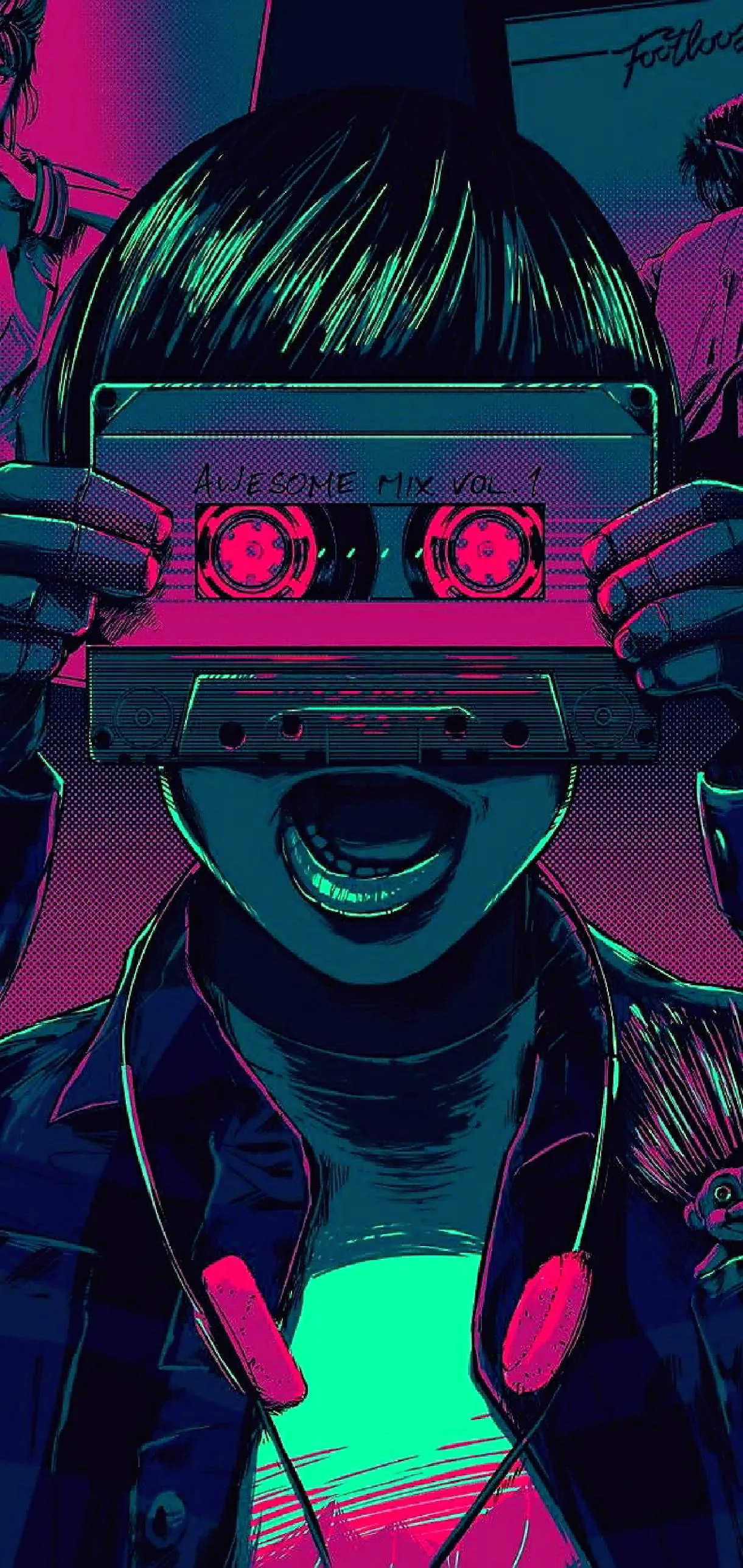 Neon retro artwork with cassette mix and vintage vibes