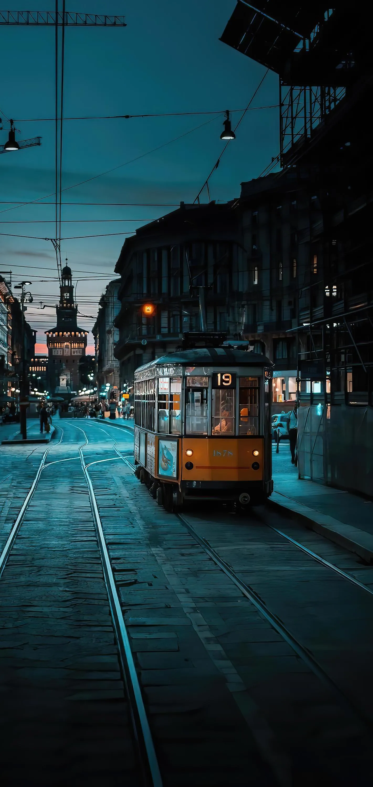 Night City Tram in Blue Tone Street Scene with Lights