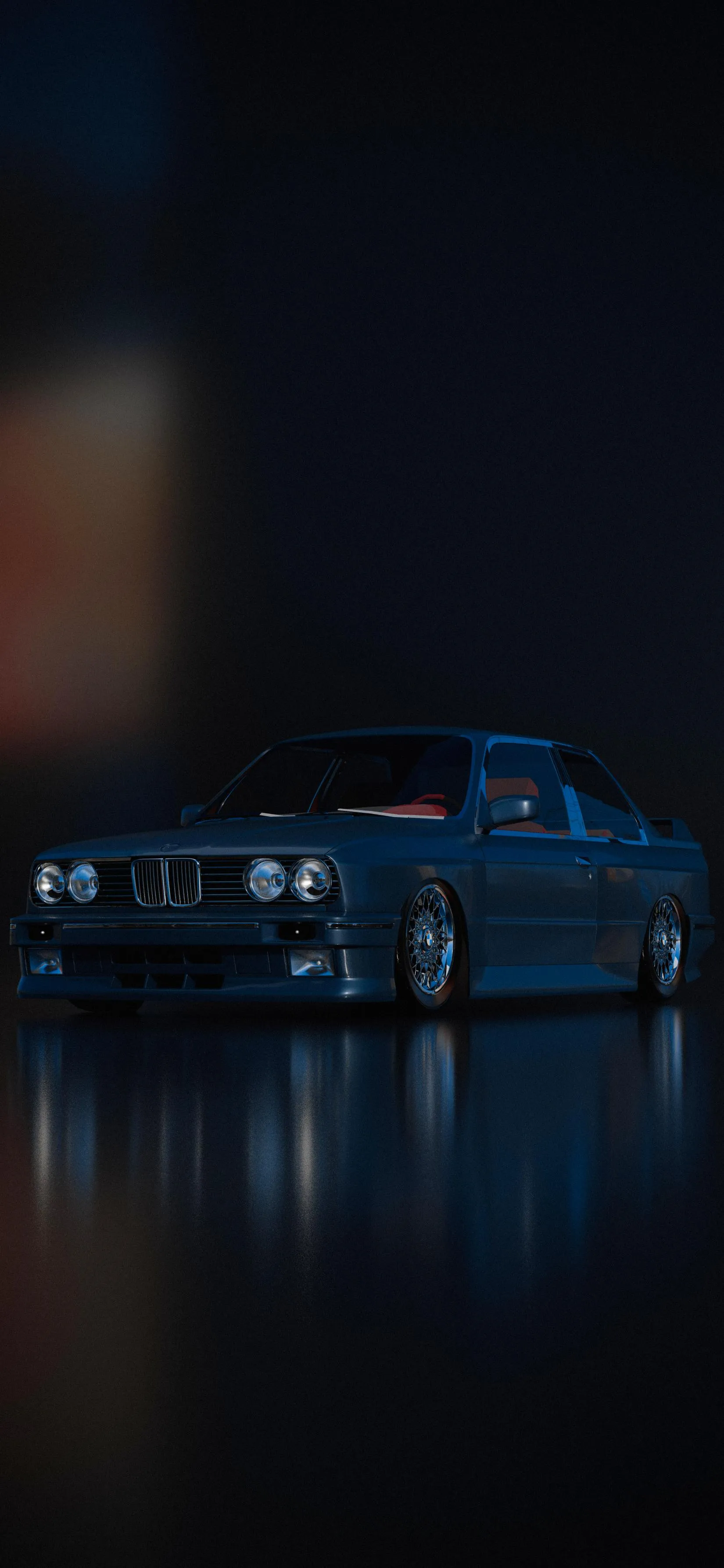 Night Scene with Lone Car Parked Under Dim Streetlights