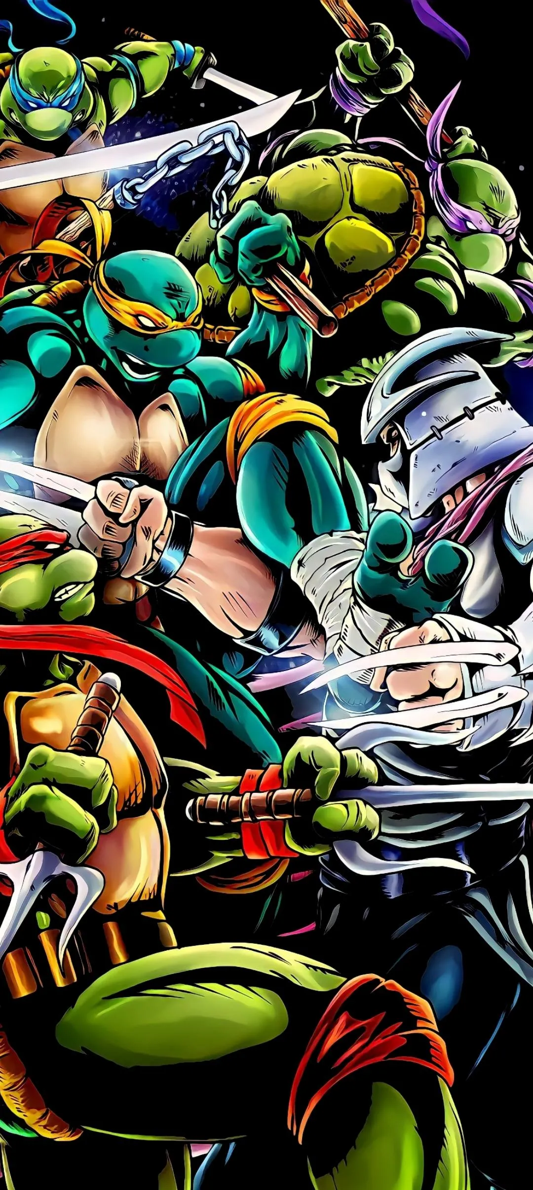 Ninja Turtles Team Fighting Fiercely Against Armored Foe