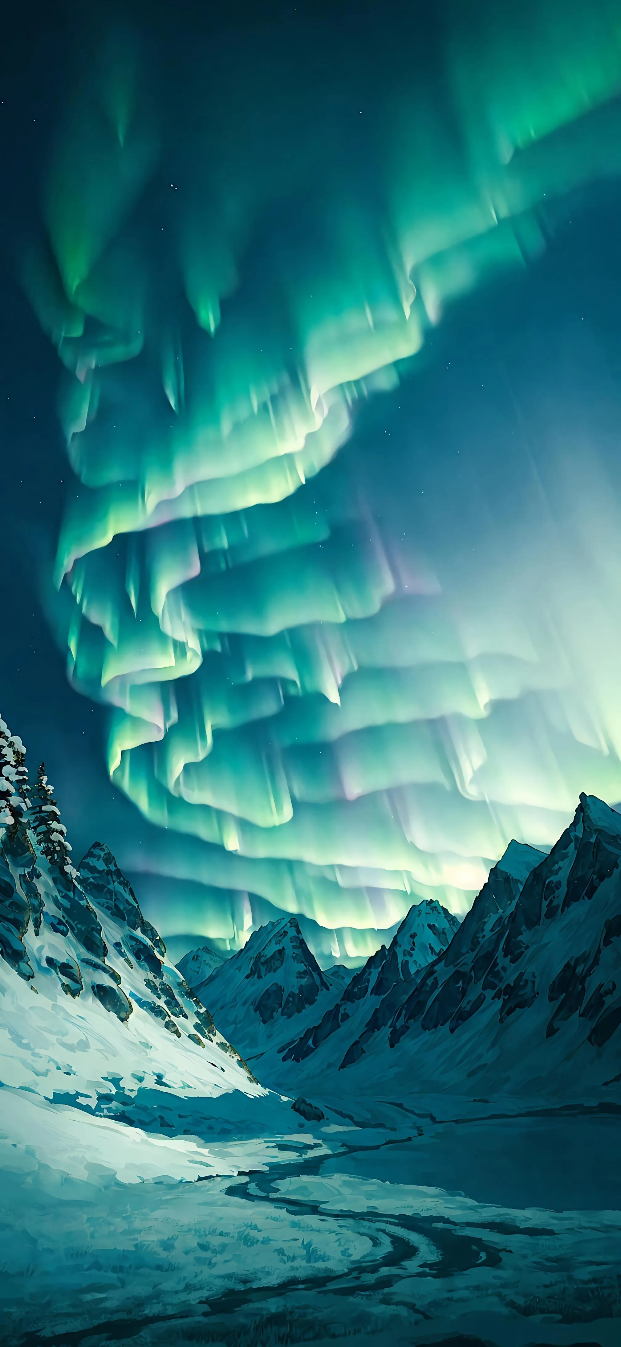 Northern Lights Over Snowy Mountain and Lake Scene Wallpaper