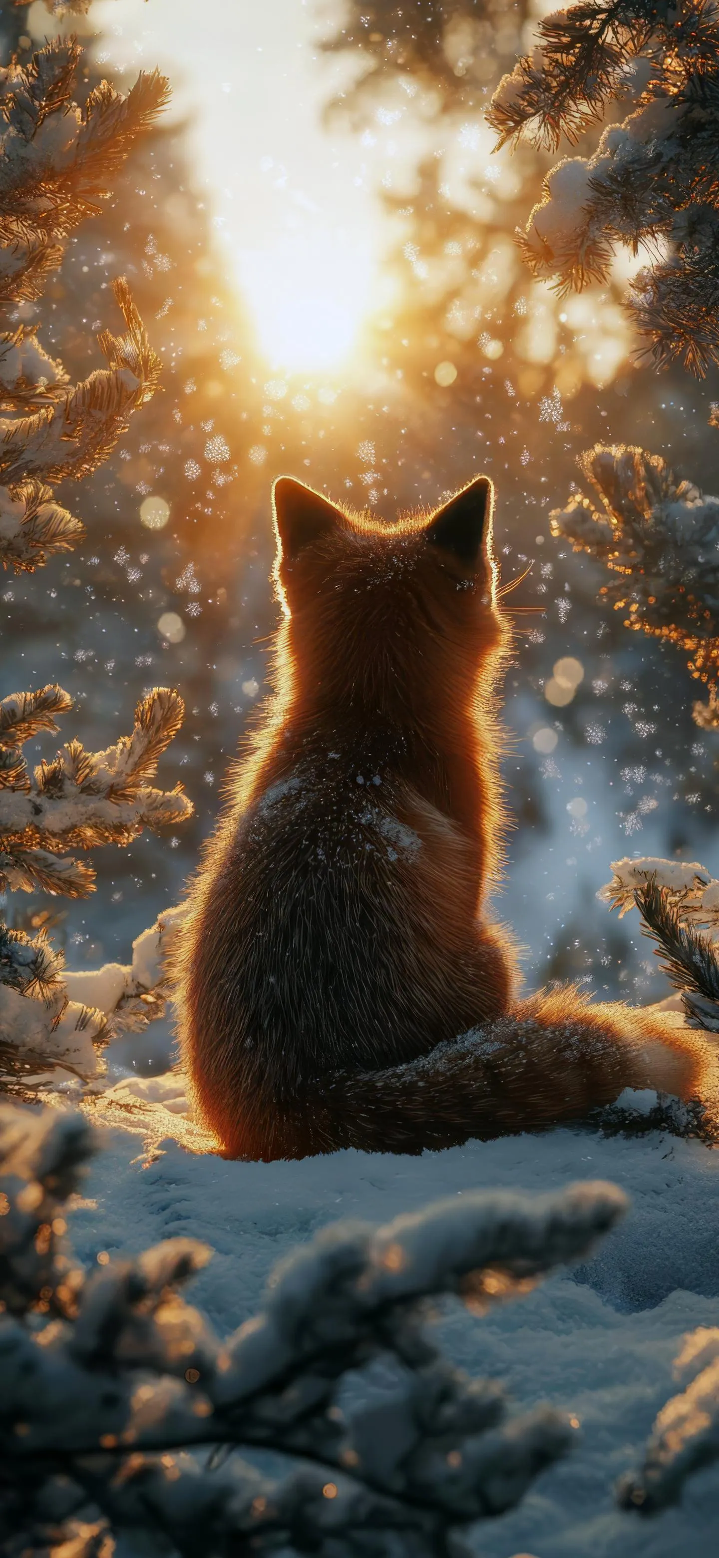 Orange cat sitting peacefully in forest with sunlight